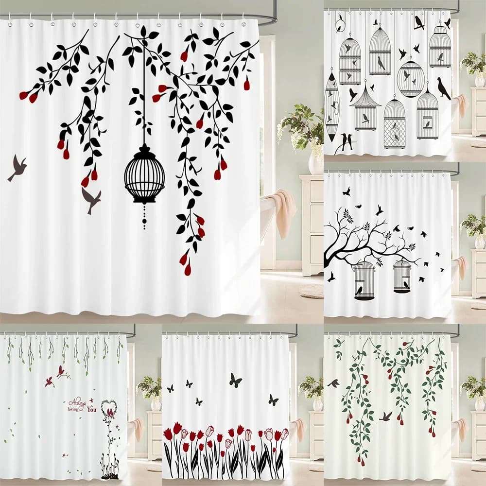 Tenda da doccia con stampa artistica minimalista nordica, tenda da bagno in tessuto impermeabile con motivo floreale e foglie per l'arredamento della vasca da bagno
