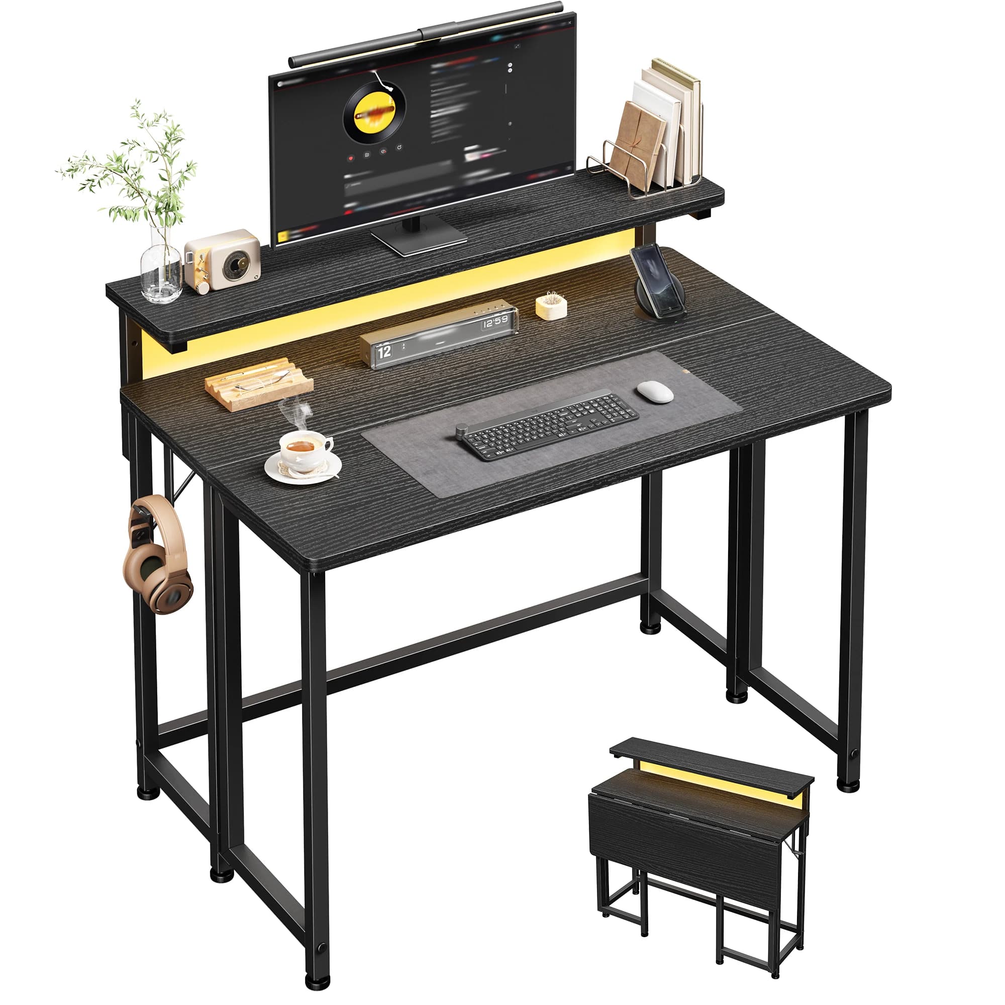 Scrivania Pieghevole per Computer con Supporto Monitor e Luci LED RGB, Tavolo da Gaming Salvaspazio con Vano Portaoggetti e Ganci
