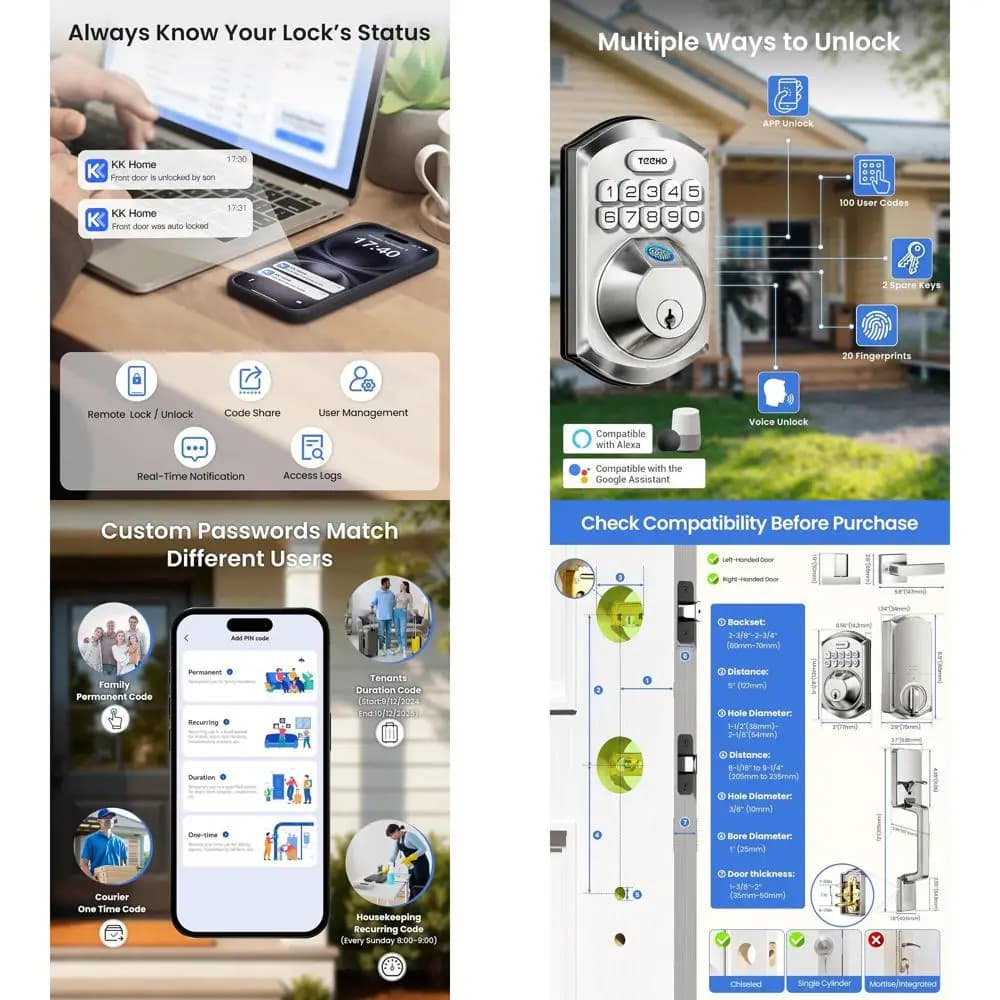 Serratura Intelligente con Impronta Digitale e Maniglia, Accesso Senza Chiave, Controllo tramite App, Serratura Digitale, Chiusura Automatica, Facile Installazione, Nichel Satinato