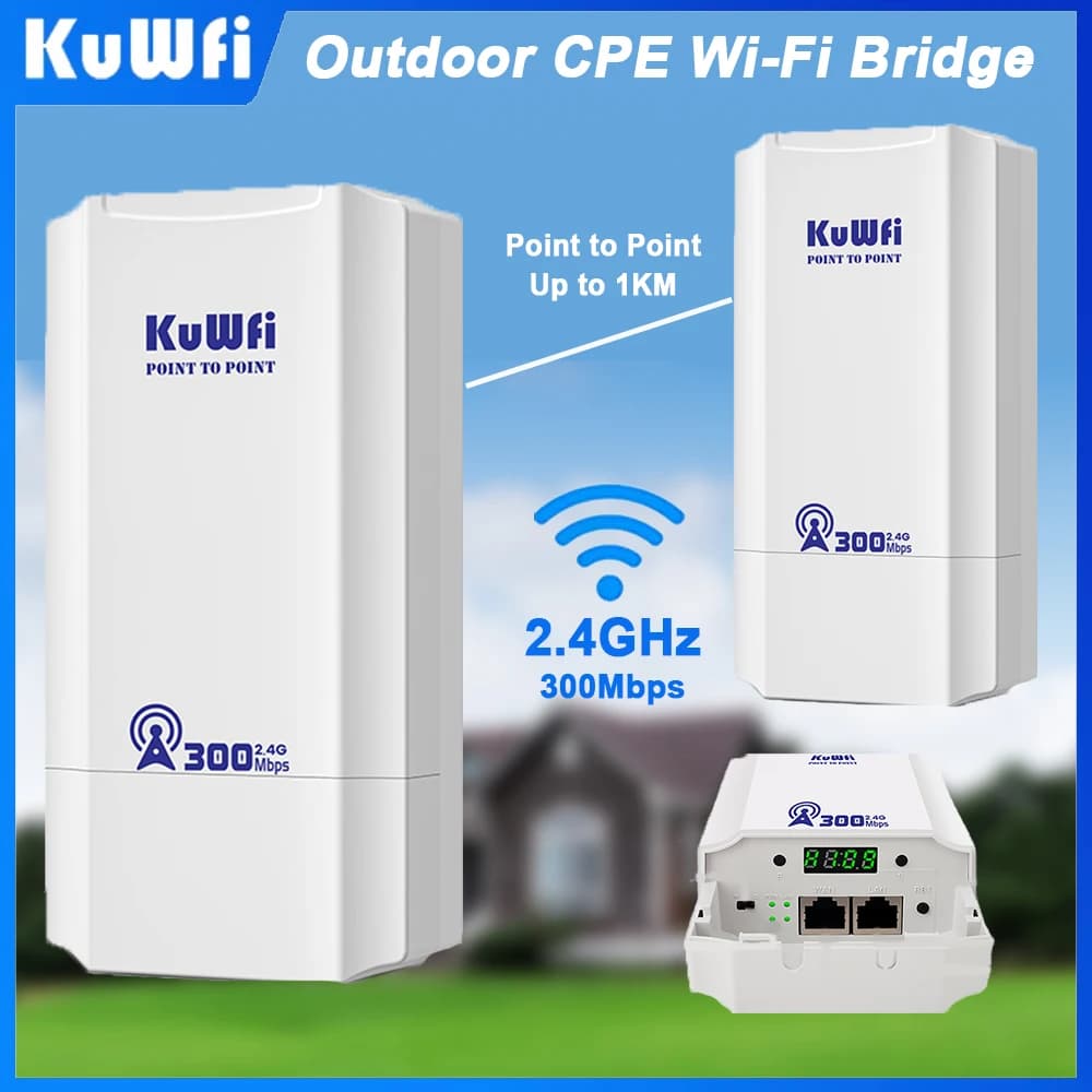 KuWFi Outdoor 300Mbps 2.4Ghz Wi-Fi Router CPE Bridge PTP PTMP 1KM Estensore di segnale Ripetitore AP 24V POE per telecamera di sicurezza domestica