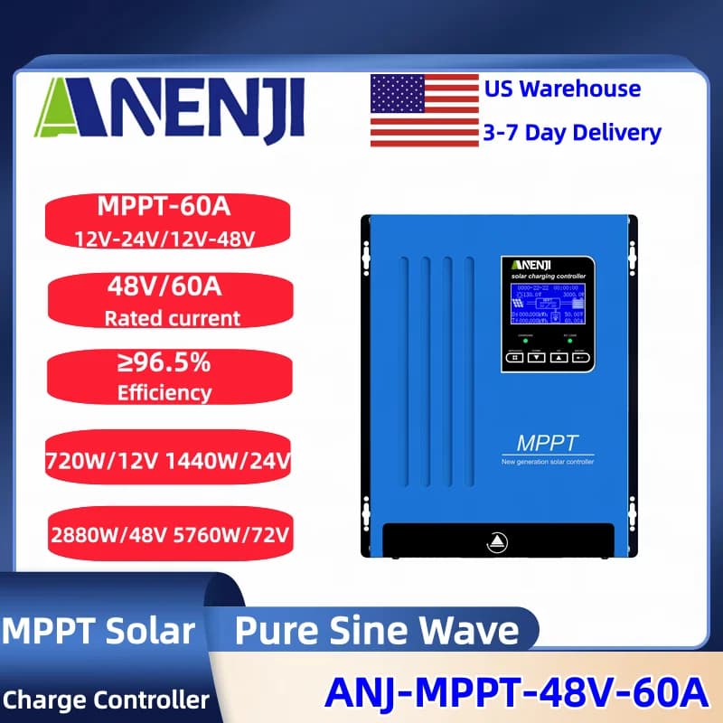 Regolatore di Carica Solare MPPT ANENJI 60A 80A 100A 12V 24V 36V 48V Auto per Batterie LiFePO4, Regolatore per Pannelli Solari, Ingresso PV Massimo 160VDC