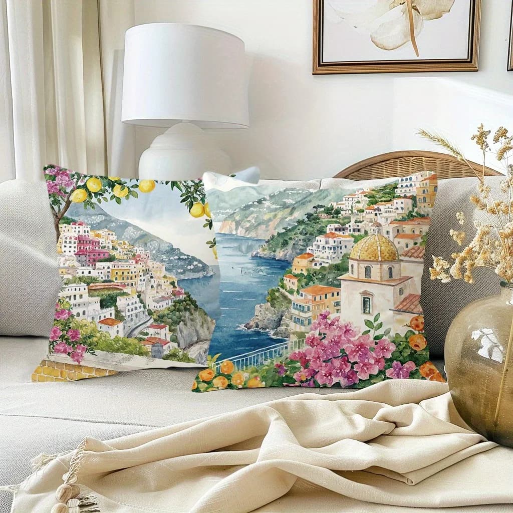 Fodera per cuscino a tema limone mediterraneo, 4 pezzi. Adatta per divano, auto, camera da letto, fodera decorativa per cuscino.