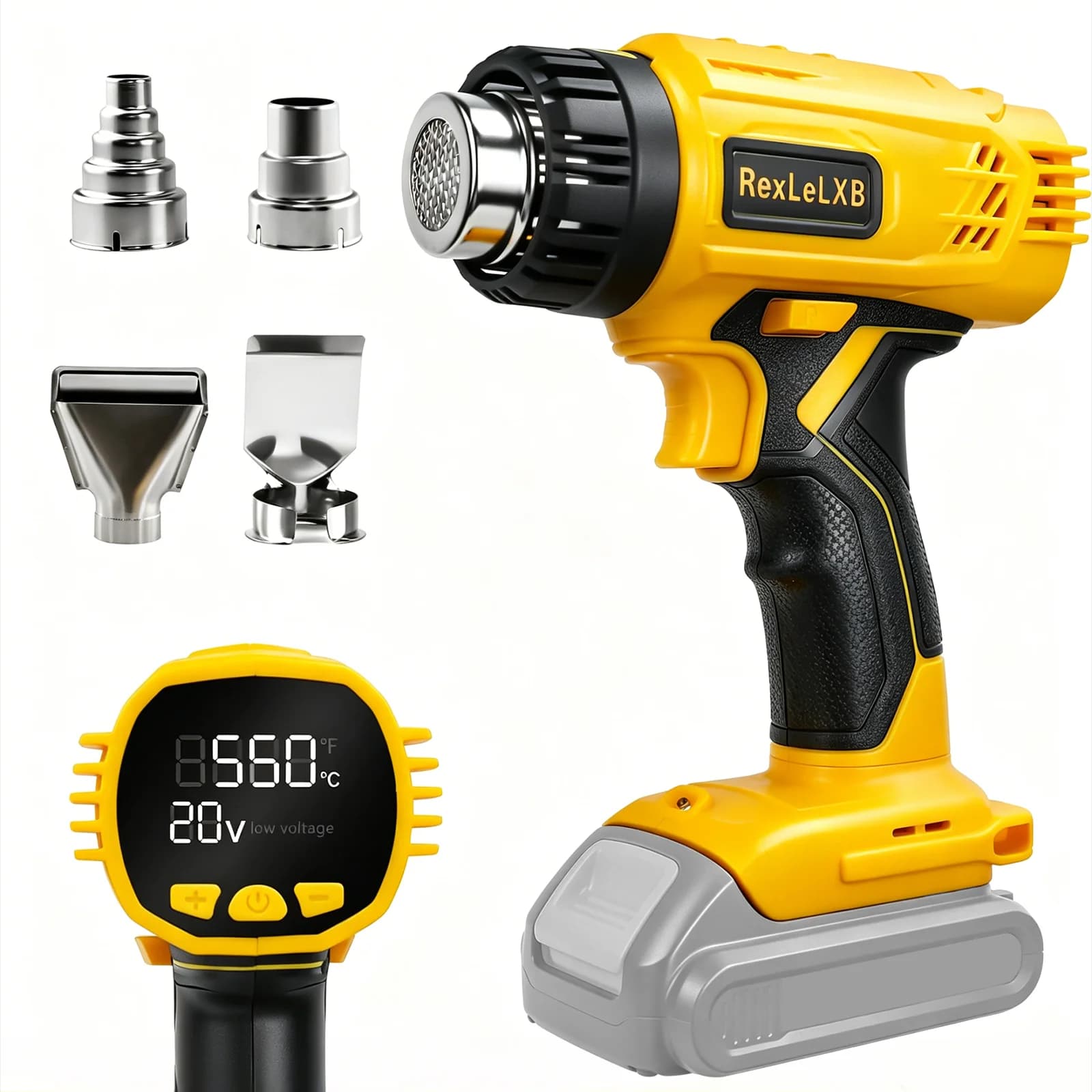 Pistola termica senza fili per batteria Dewalt 20v 122 ℉ al 1022 ℉ Pistola ad aria calda a riscaldamento rapido con ugelli da 4 pezzi per involucro termoretraibile (senza batteria)