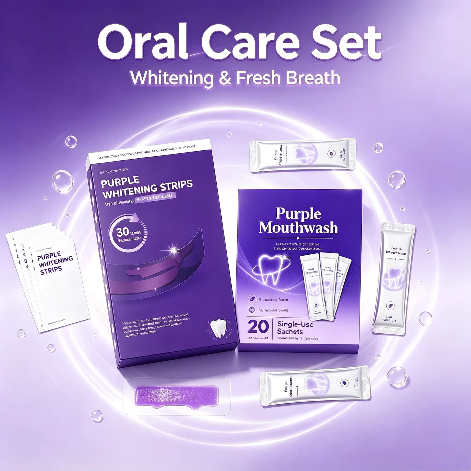 Purple Teeth Strips Mint Mouthwash Kit Gentle Whitening Stain Remover Brightening Fresh Breath Portable Daily Oral Care Set