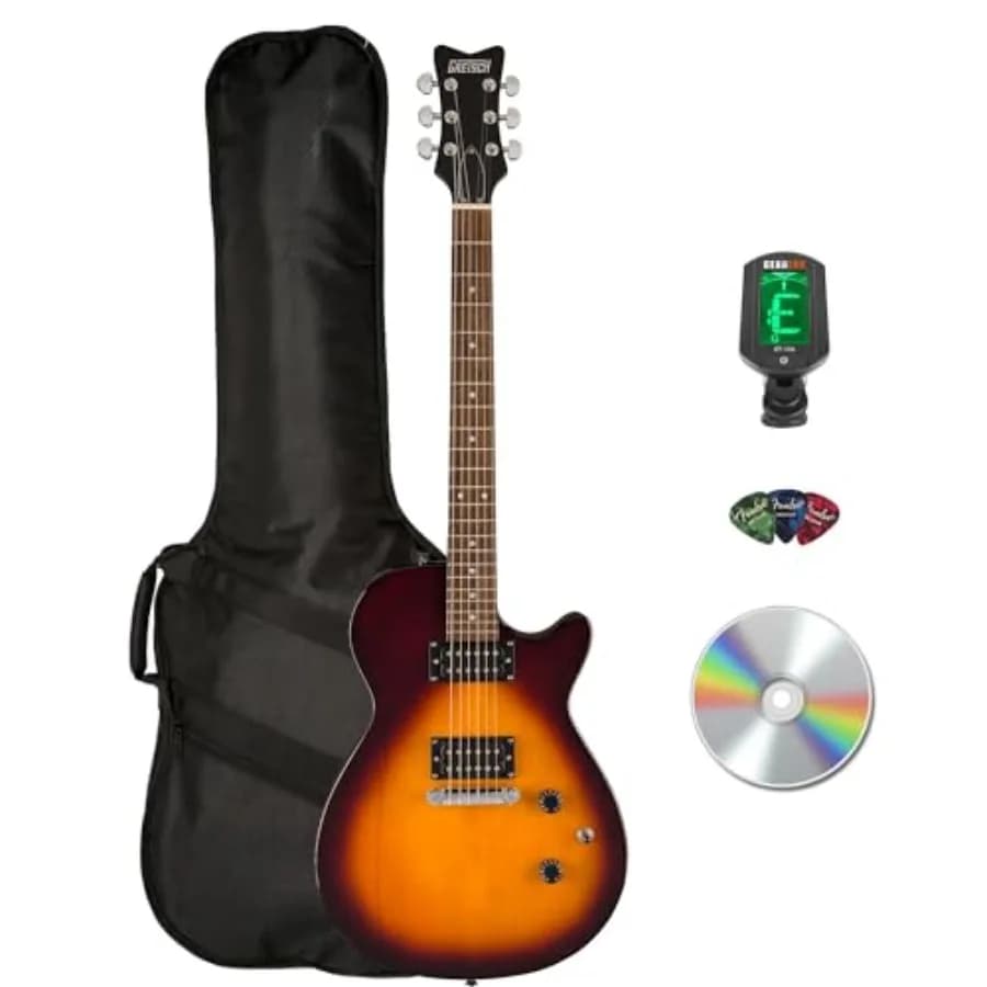 Electric guitar for beginners, alder body with duo-tone burst finish, includes gig bag, tuner, picks, and instructional DVD