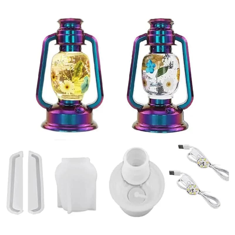 A01F-For DIY Retro Lantern Oil Lamp For Resin Molds Set-6Pcs Epoxy Light Molds With 2Pcs LED Lights For Resin Casting Short One
