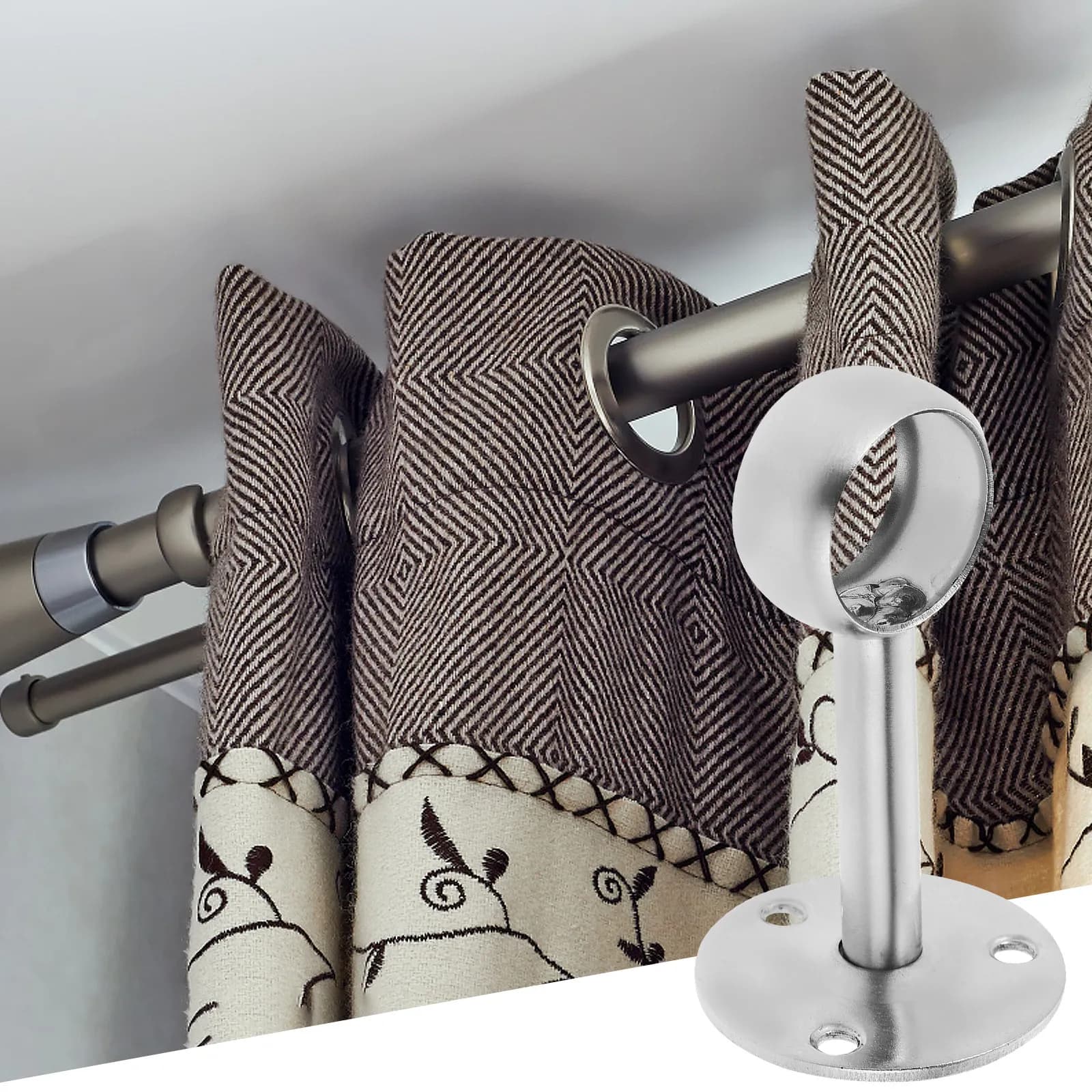 2Pcs Stainless Steel Shower Curtain Rod Holders Rustproof Closet Rod Brackets Ceiling Wall Mount Wardrobe Pole Supports
