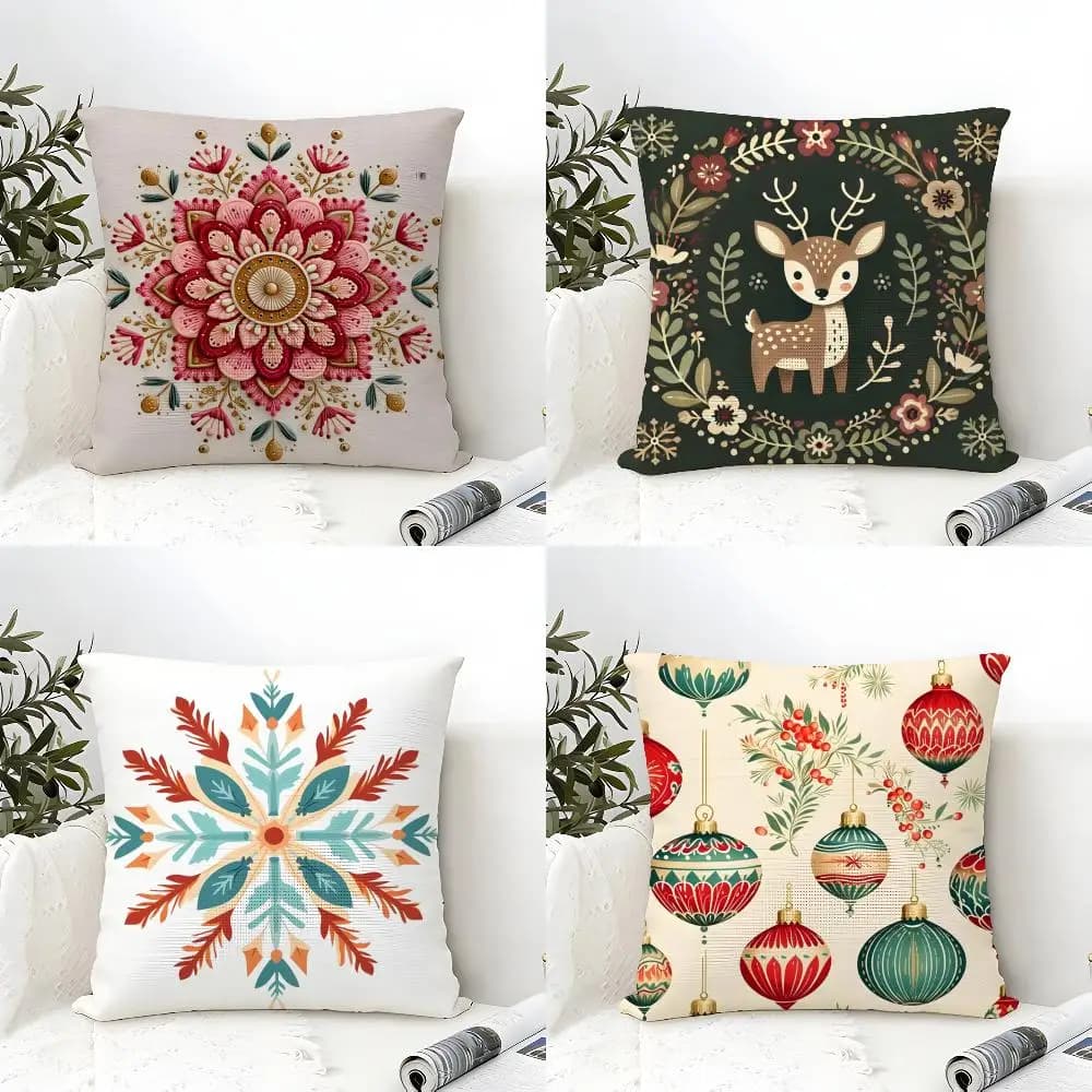 Federa per cuscino classica con stampa animalier a fiocchi di neve, in cotone e lino, quadrata, con cerniera, decorativa per la casa e il soggiorno