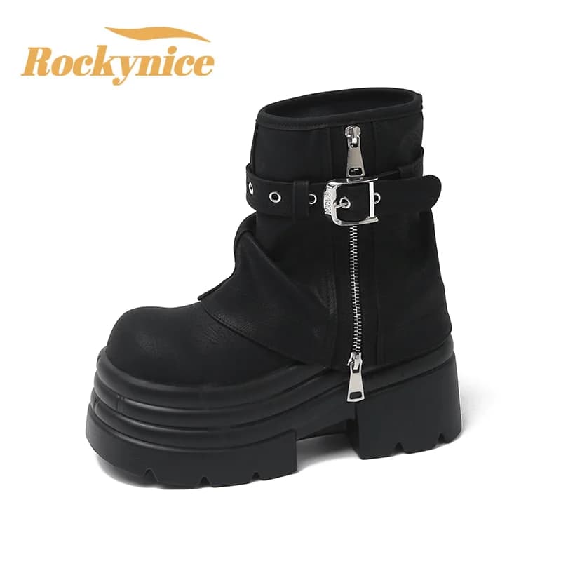 9CM Women's Leather Chunky Heels Ankle Boots New 2025 Autumn Winter High Platform Combat Non-Slip Punk Style Motorcycle Shoes