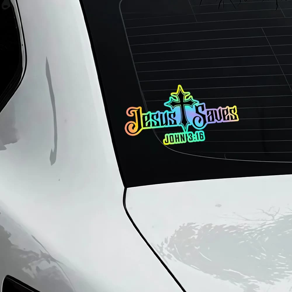 Jesus Saves Gospel Quote Vinyl Sticker, Gothic Font, White & Holographic, Waterproof, for Car Window Bike Laptop Helmet