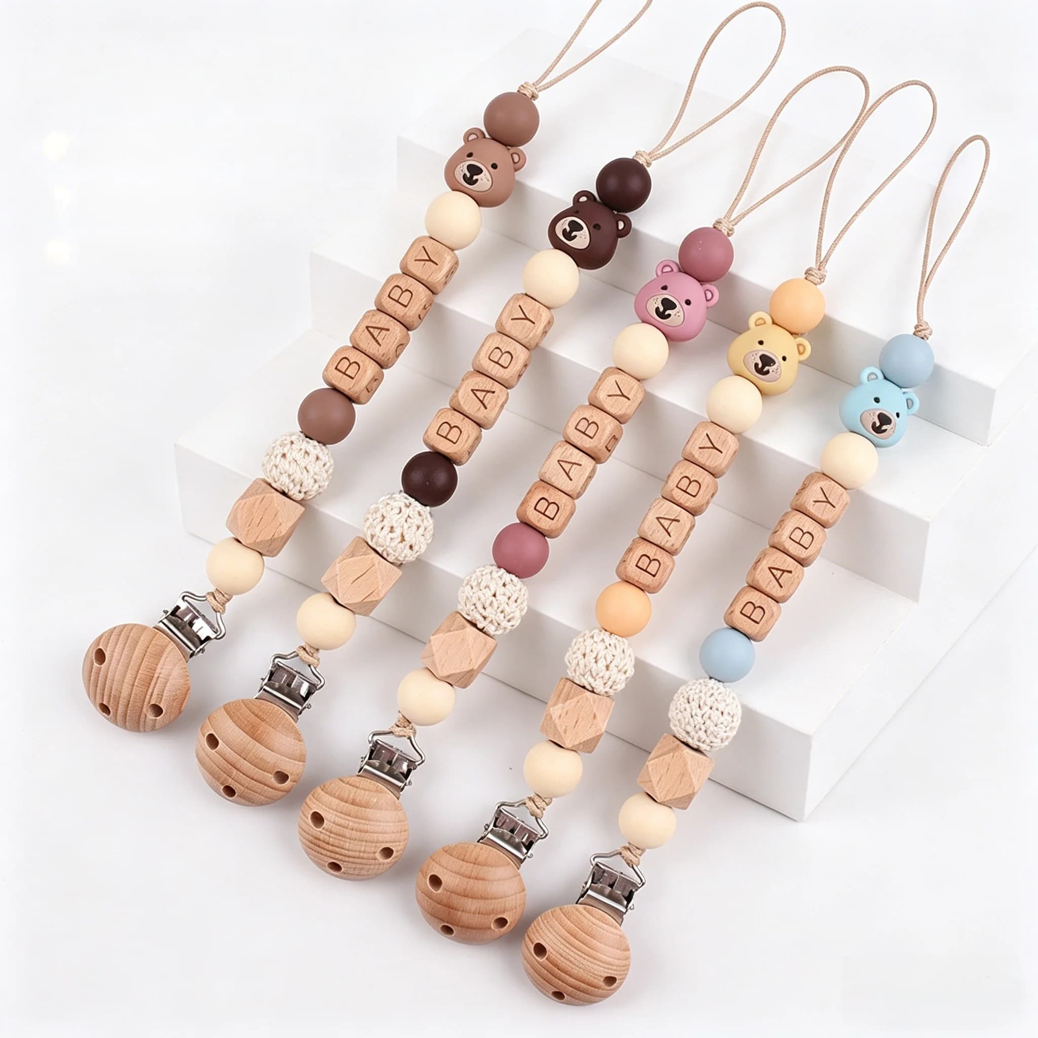 Catenella Portaciuccio Personalizzata in Legno con Perline a Forma di Orsetto, Senza BPA, Anti-Smarrimento, Clip per Ciuccio, Regalo per Neonati