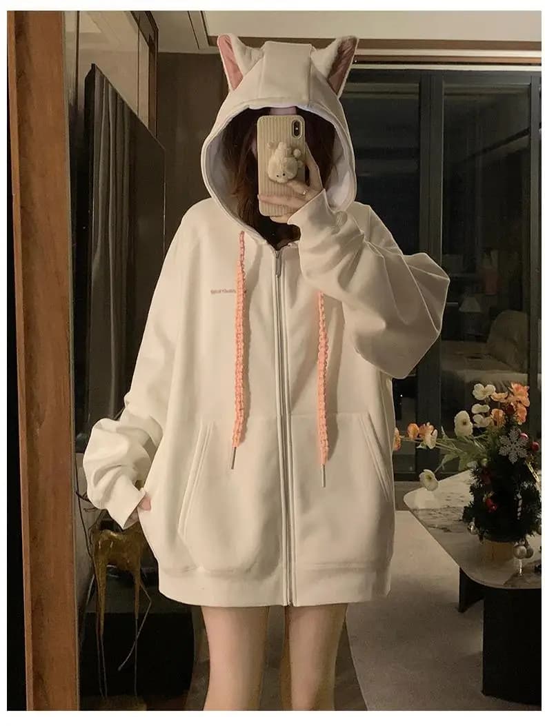 American Style Cute Ear Fleece Lined Hoodie Jacket Women's Open Cardigan Lazy Style Casual Jacket Autumn Winter