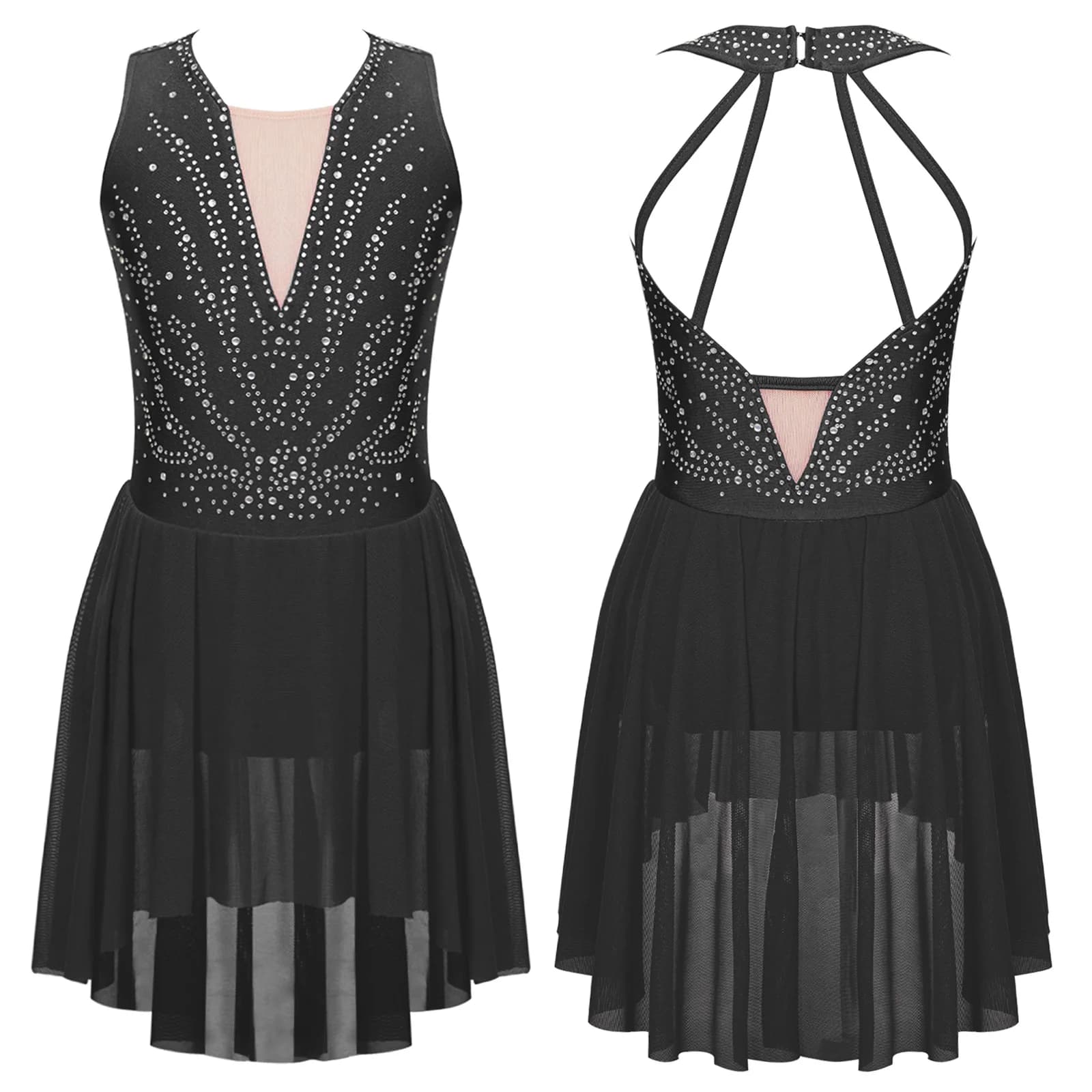 Costume da spettacolo di pattinaggio di figura con strass per ragazze adolescenti, senza maniche, con spalline sul retro, body da ginnastica per balletto, costume da ballo lirico