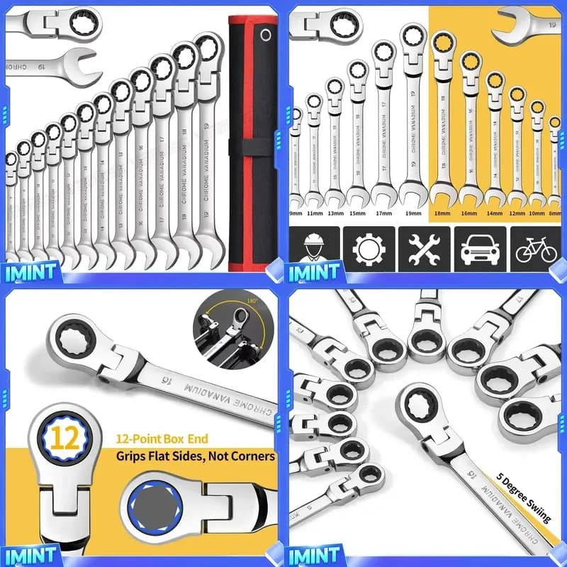 Flex Head Ratcheting Wrench Set,Combination Ended Spanner kits, Chrome Vanadium Steel Hand Tools Socket Key Ratchet Wrench
