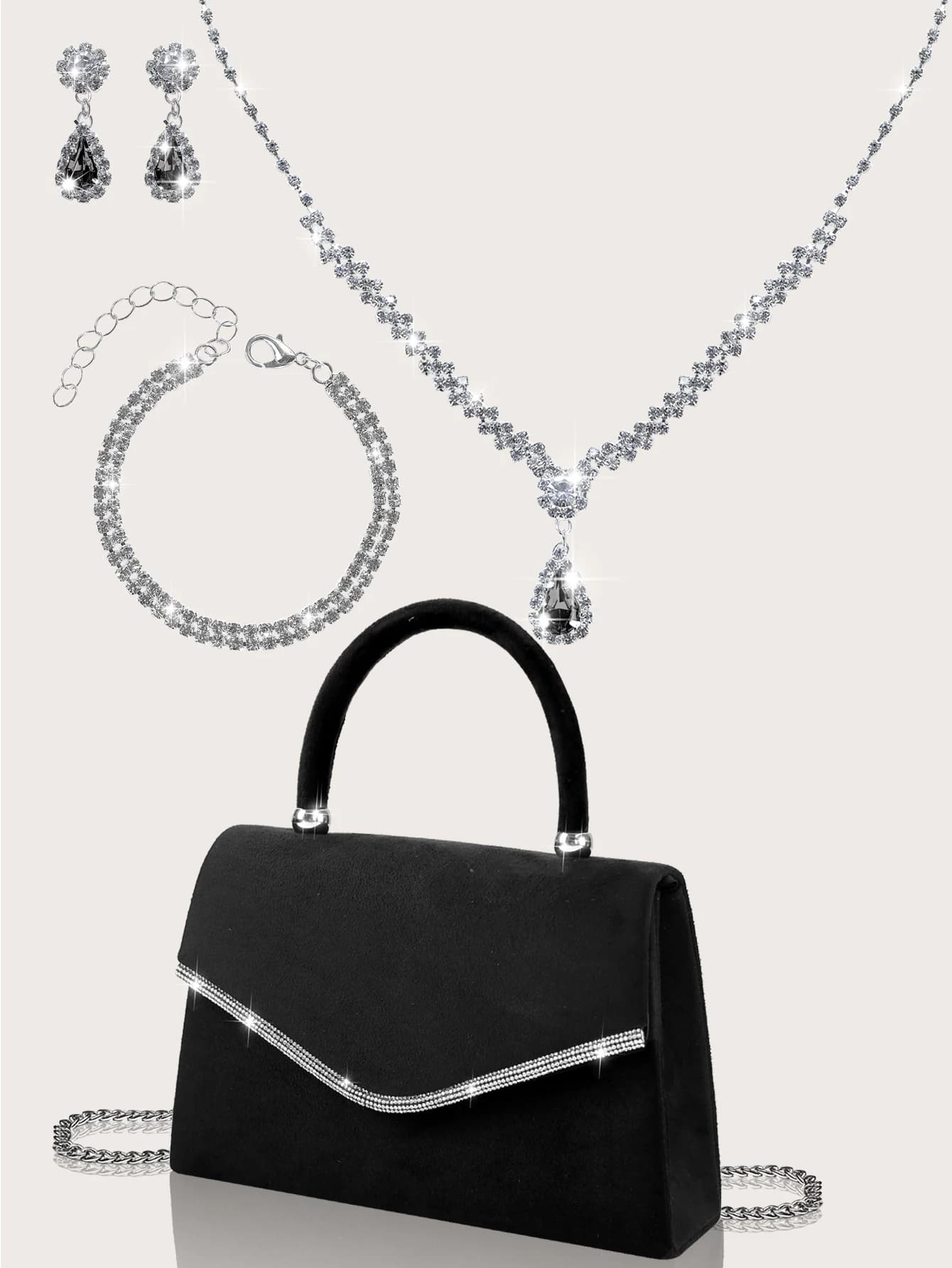 Women's romantic and elegant plush bag with rhinestones, combined with a set of four pieces of necklace, earrings and bracelet with rhinestones.