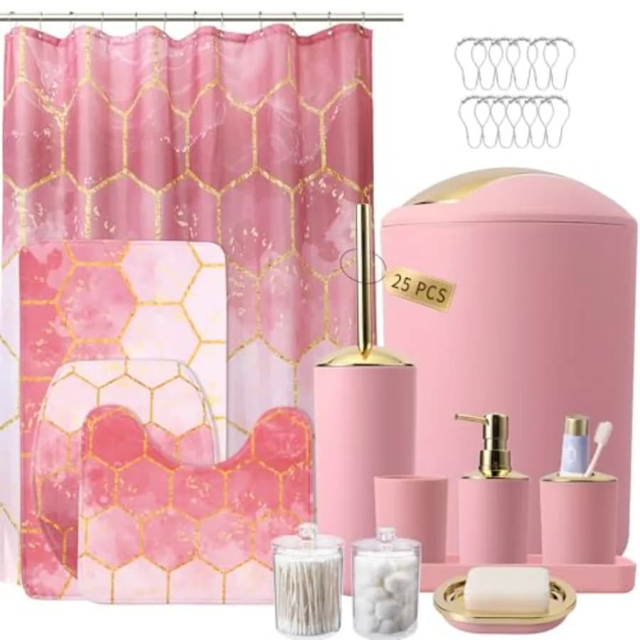 Set da Bagno 25 Pezzi Rosa e Oro, Accessori per il Bagno con Tenda Doccia, Tappetini, Cestino, Spazzola per WC, Dispenser di Sapone