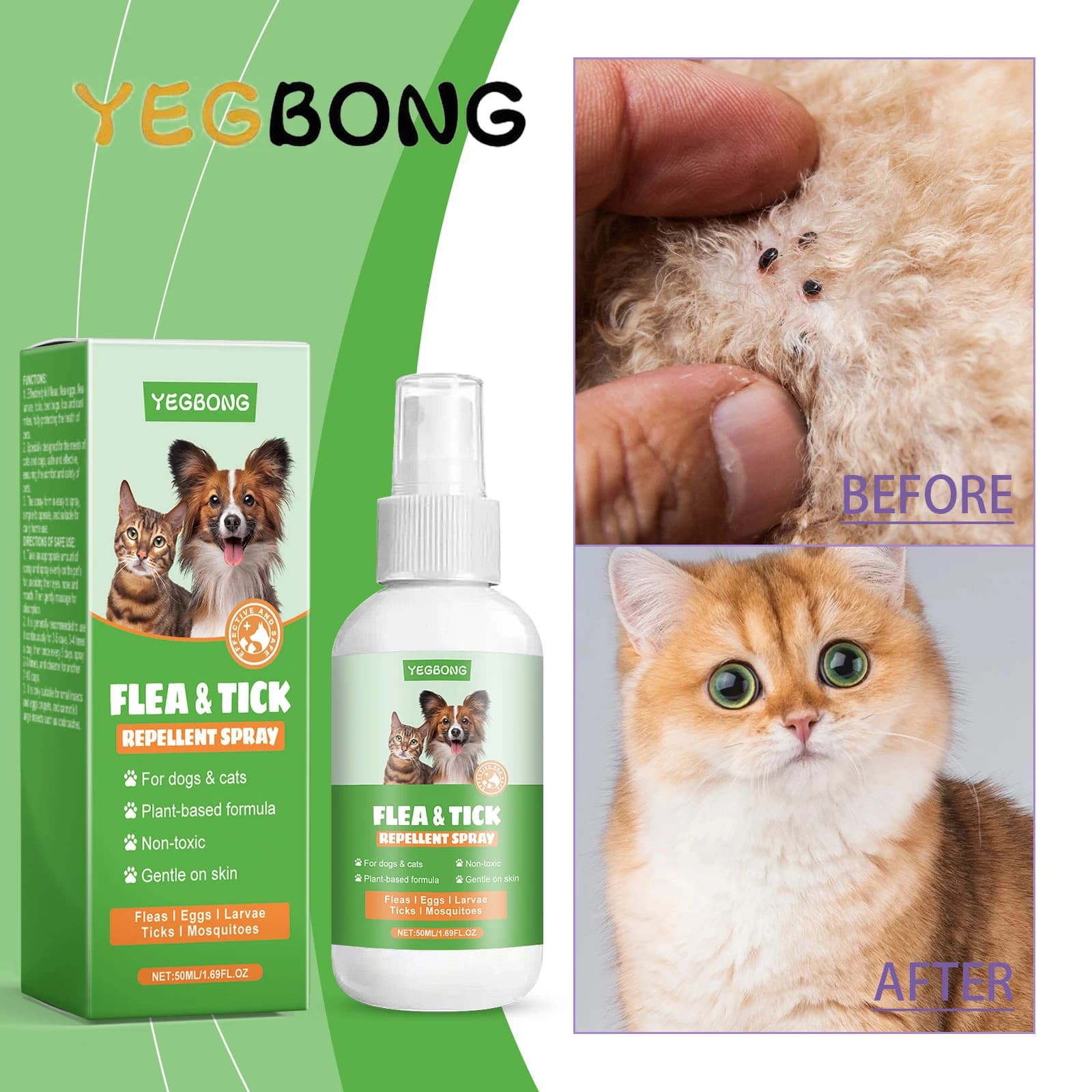 YEGBONG 50ml Spray per la difesa degli acari delle pulci degli animali domestici Ipoallergenico Cappotto delicato per cani e gatti con formula non tossica a base di piante