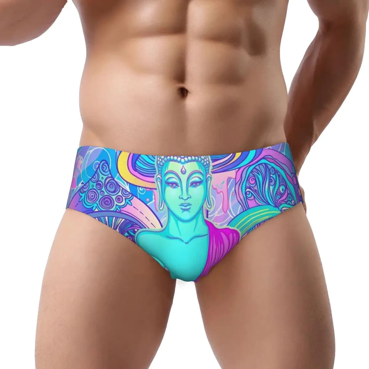 Slip da uomo personalizzati con stampa psichedelica a funghi magici, comodi e divertenti, con Buddha