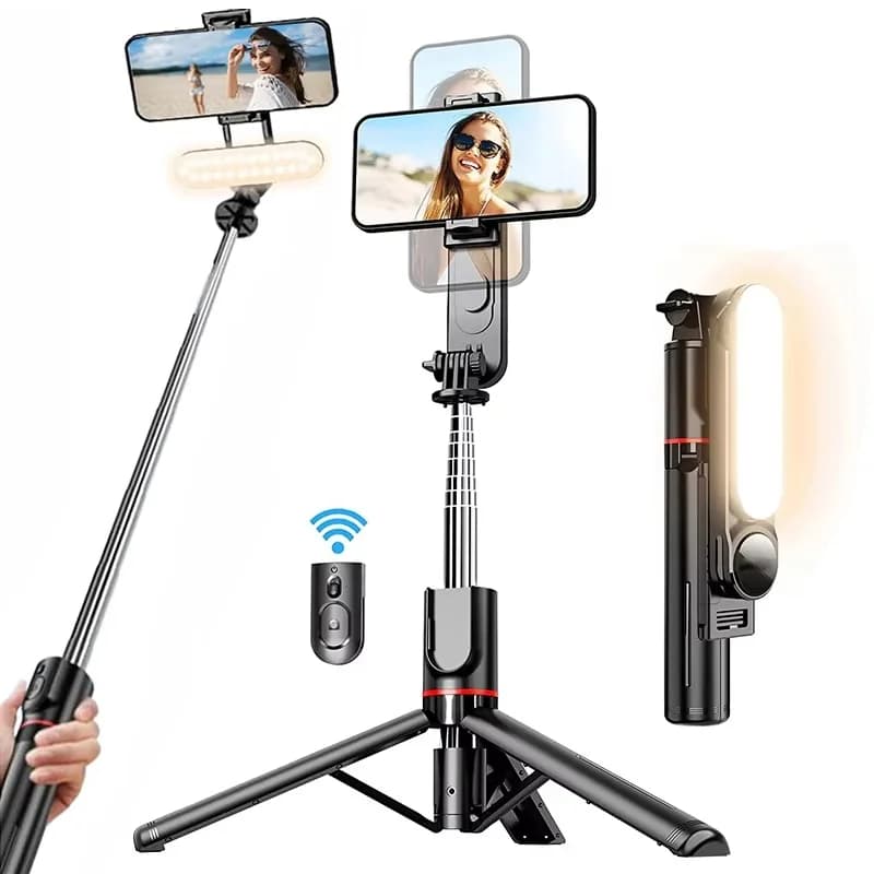 Treppiedi portatili per selfie Bluetooth con luce LED per selfie, supporto pieghevole per treppiede, telecomando wireless per riprese di vlog con cellulare
