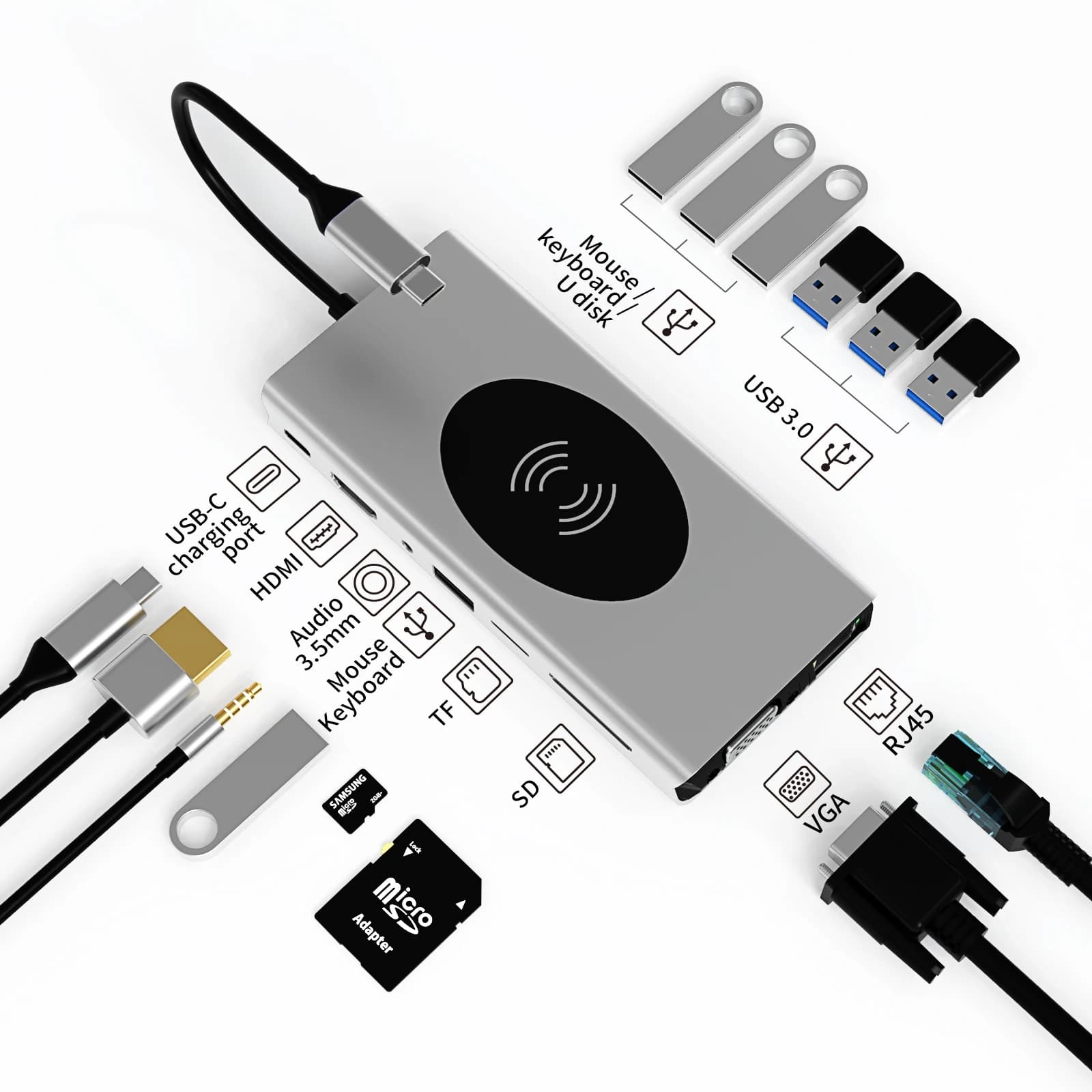 BASIX Docking station hub USB C 15 in 1 da tipo C a HD-MI VGA USB3.0 * 3 USB2.0 * 4 SD TF RJ45 1000M PDW AUDIO3.5 Ricarica wireless
