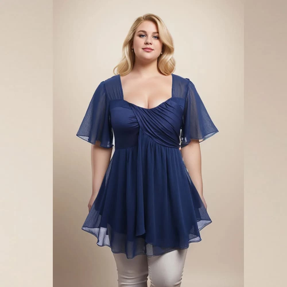 ROSEGAL Plus Size Asymmetric blouse with volant in Chiffon transparent blue square neck Casual surpice top woman spring summer t-shirt