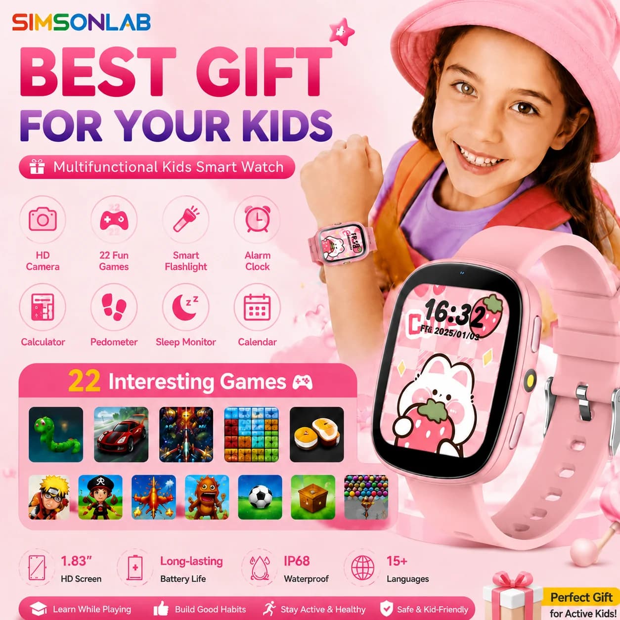 2026 Kids Smartwatch 1.83” HD Touch Screen Watch for Children with Camera Games Sleep Tracker, Alarm, Calculator – Birthday Gift