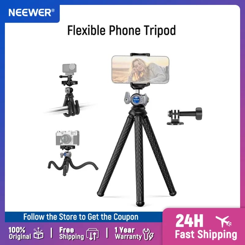 NEEWER Flexible Phone Tripod, Small Mini Camera Webcam Desk Stand Phone Holder & Action Camera Mount Adapter For iPhone GoPro