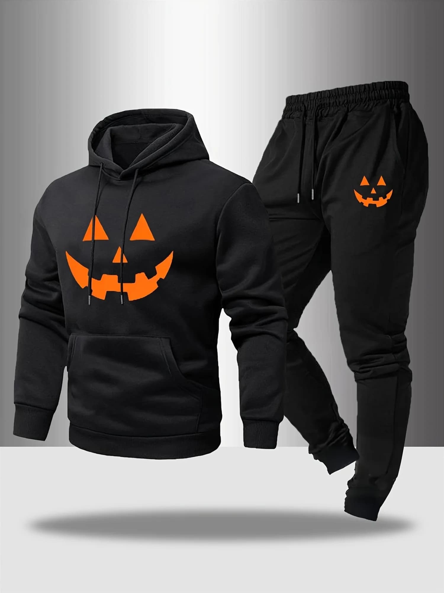 Men's Casual Halloween Pumpkin Pattern Drawstring Pocket Hoodie Outdoor Casual Sports Pants Set (2 Pieces)
