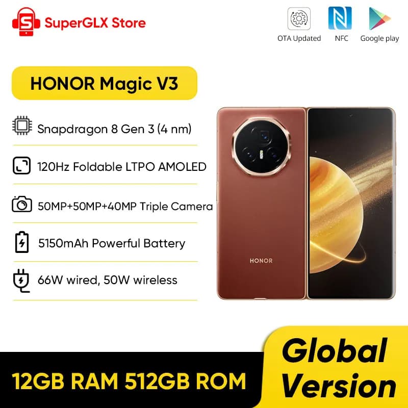 Versione globale Honor Magic V3 5G Pieghevole LTPO OLED Display 120Hz 7.92 "50MP Tripelle fotocamere Snapdragon 8 Gen 3 5150mAh 66W NFC