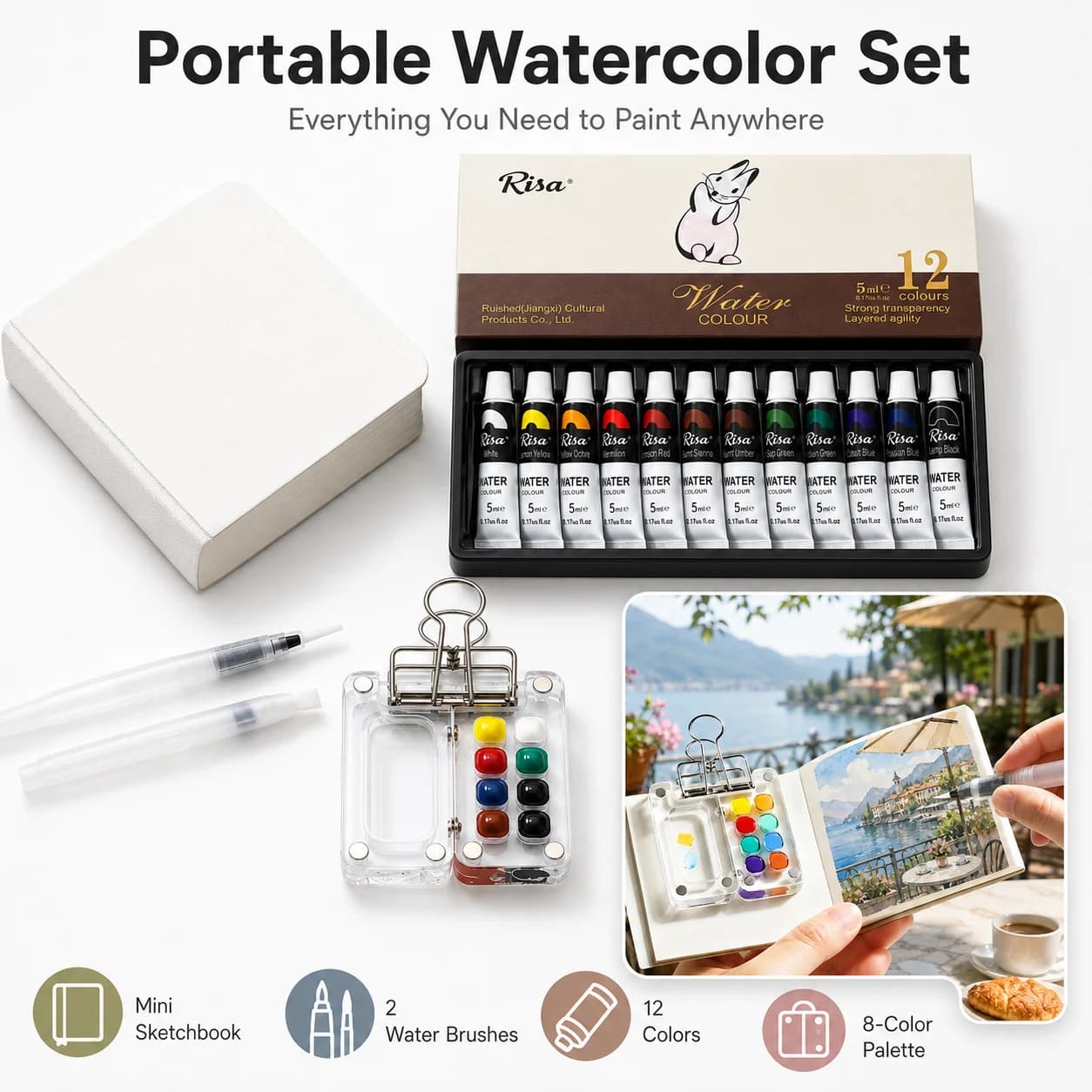 12-Color Watercolor Paint Set, Including Sketchbook, 2Pcs Brushes, Palette, Portable Art Set Suitable for Beginners and Students