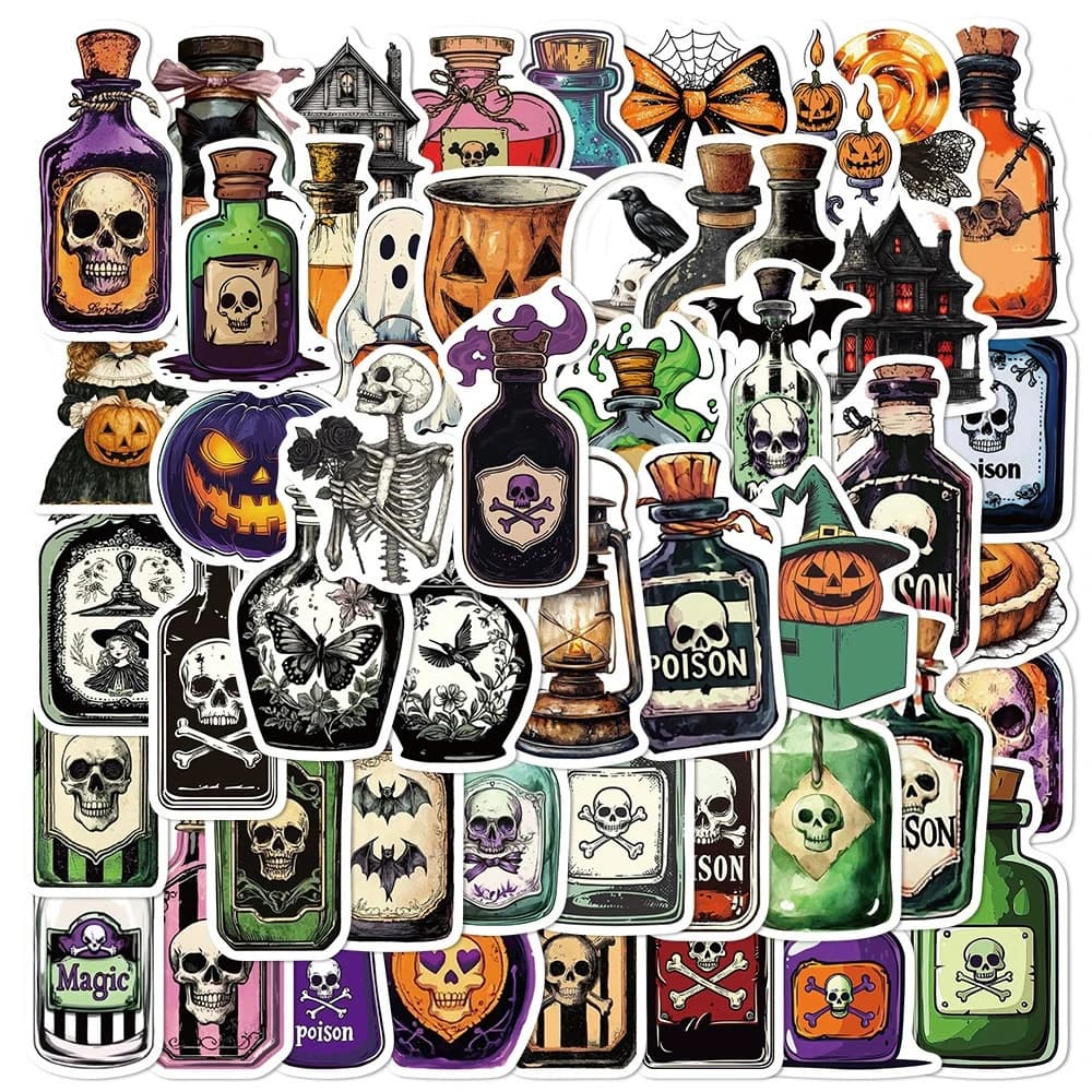 10/30/50pcs Halloween Pozione Magica Bottiglia Adesivi Horror Gotico Teschio Del Fumetto Adesivo Bagagli Telefono Casco Da Bici Fresco Decalcomanie Giocattolo