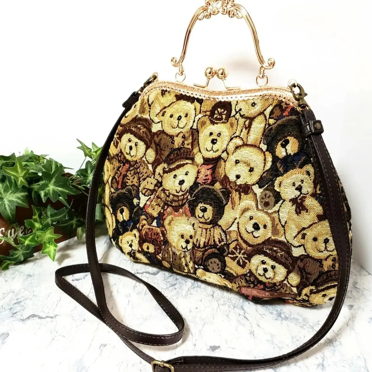 Lost in Vintage Teddy Bear Petite Point Print Purse Clutch Petite Point Handbag Metal Kiss Lock Pouch Evening Bags 30x25x6cm