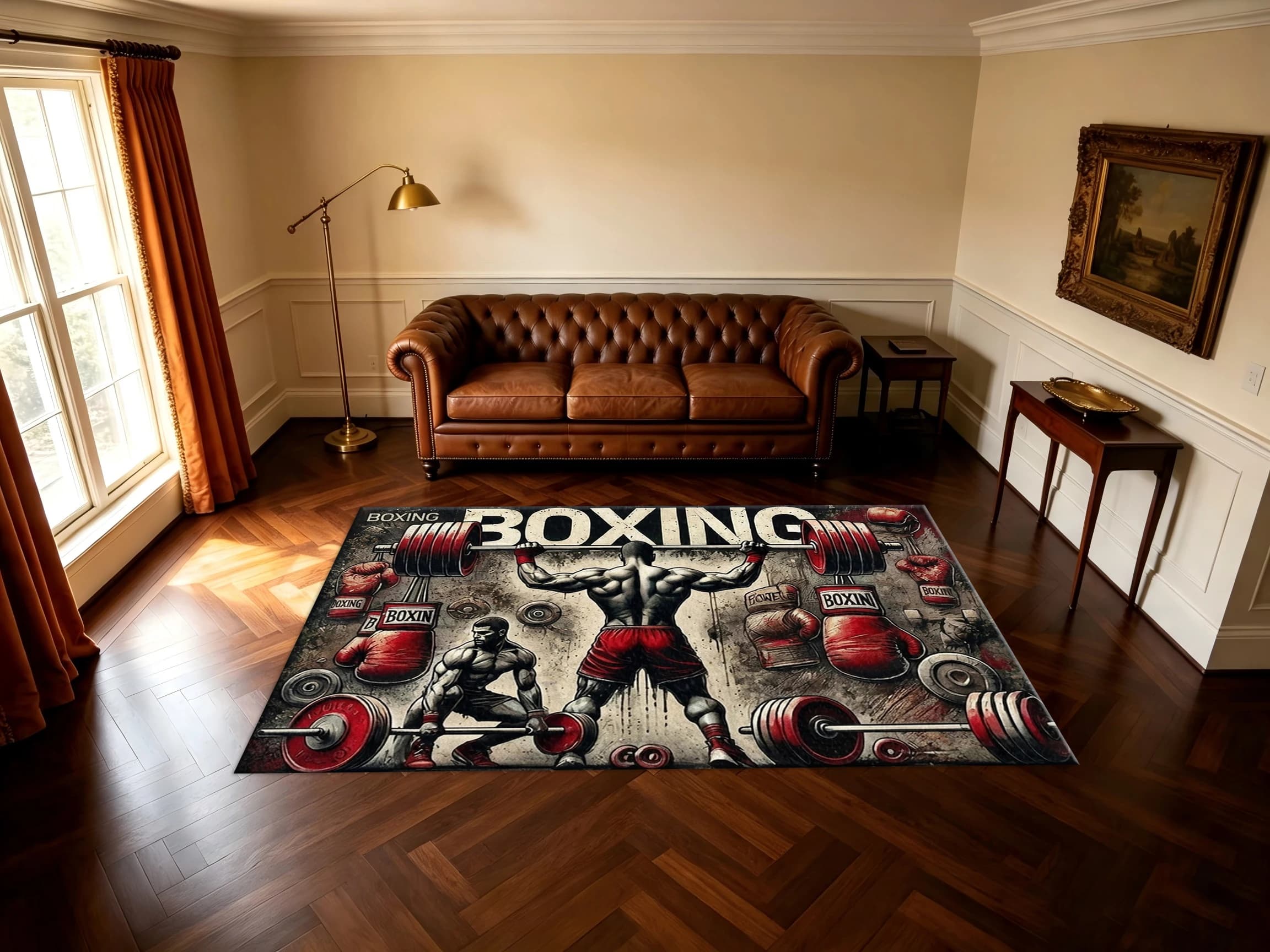 Boxing Fitness Sports Carpet, Gym Weightlifting Boxing Glove Print Floor Mat, Non-Slip Decorative Carpet, Suitable for Men's Lounge, Bedroom, Home Decor