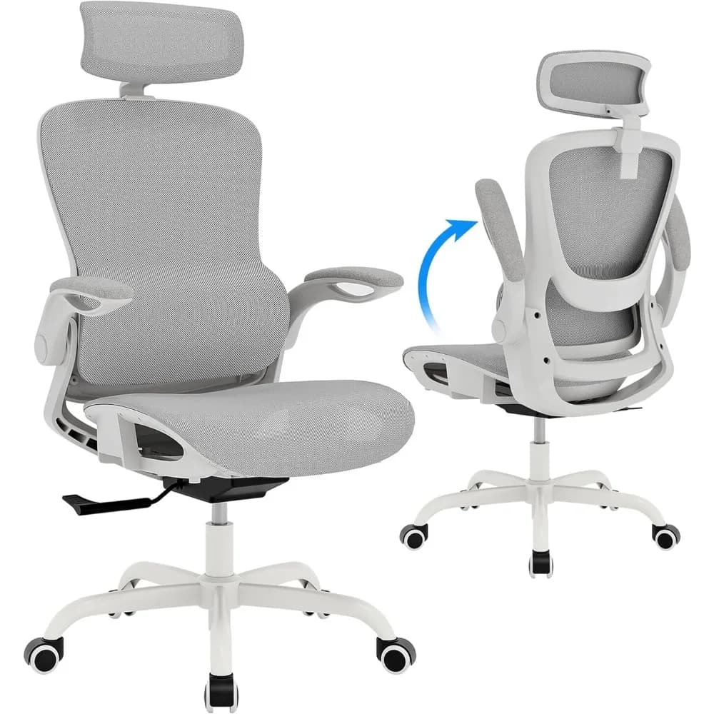Sedia da ufficio ergonomica in rete bianca con braccioli ribaltabili, poggiatesta regolabile, sedile morbido inclinabile, ruote in PU, per casa, lavoro, studio, gaming
