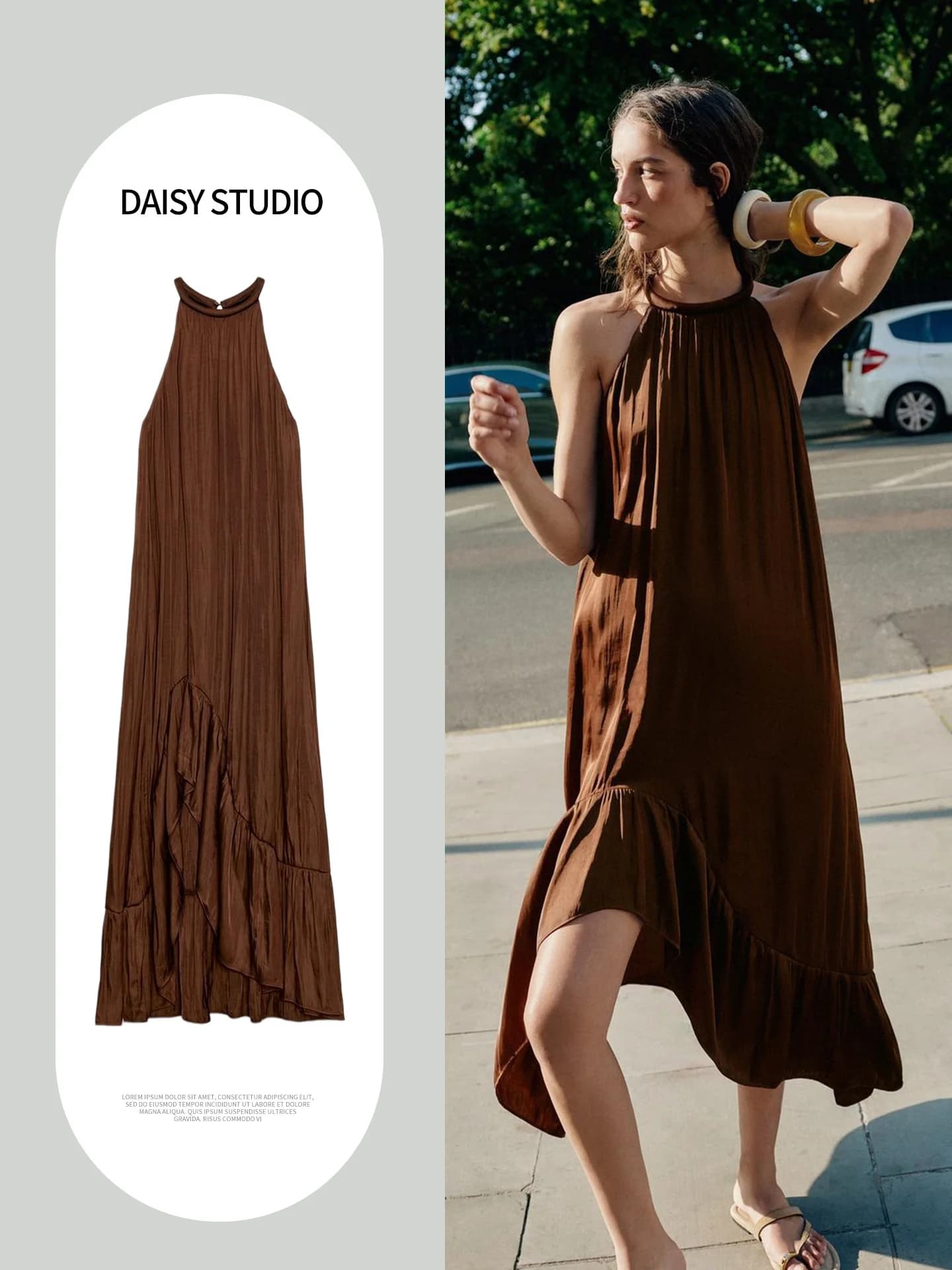 Summer New Arrival Women's Casual Style Asymmetrical Silk Satin Midi Dress Hanging Collar Neckline A-Line Skirt Polyester