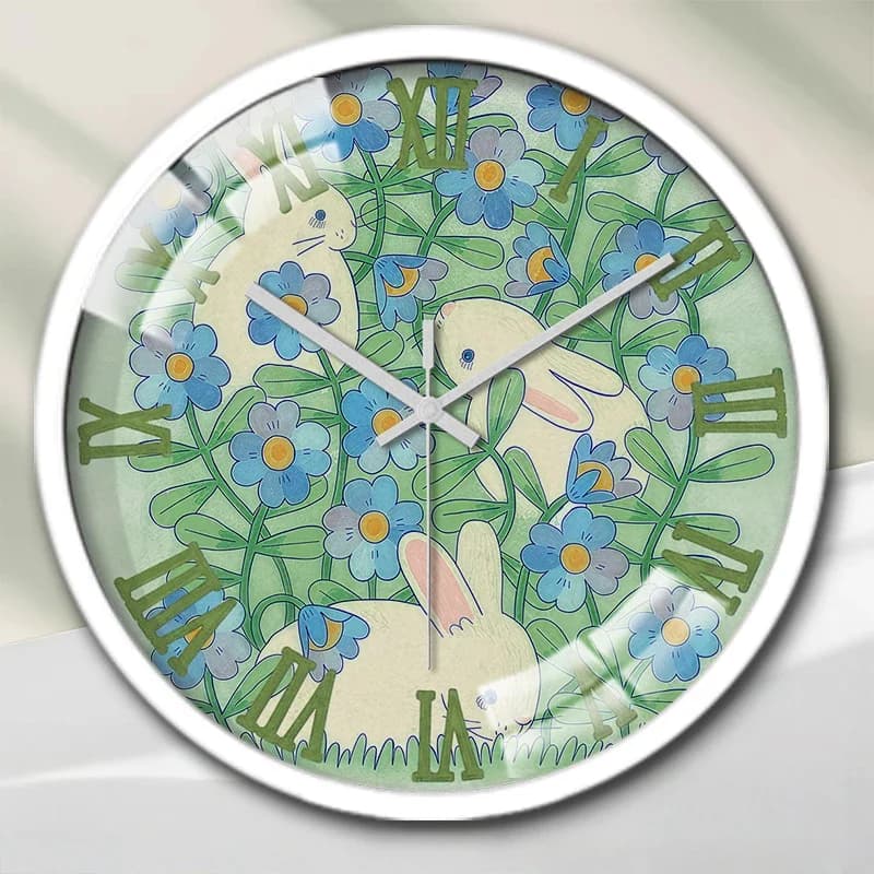 Orologio da parete silenzioso rotondo con cartoni animati Garden Buns, adatto per soggiorno, scuola, studio, camera da letto, regali per bambini