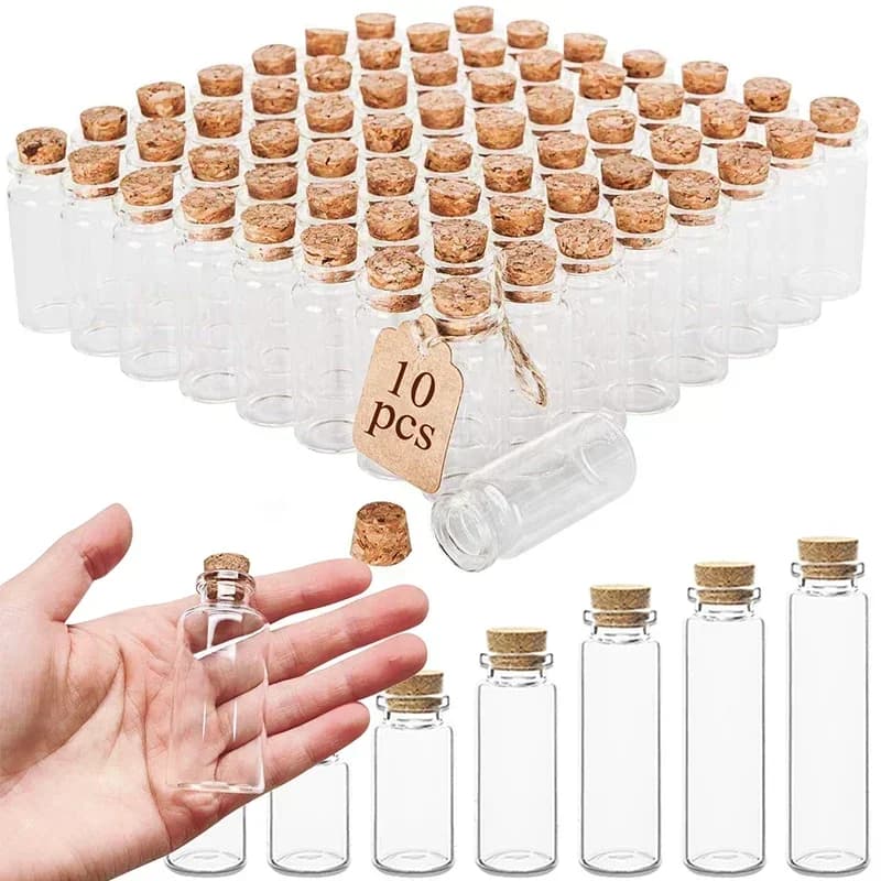 10 Pz 5-20 ml Mini Bottiglie di Vetro Trasparente con Tappo di Sughero FAI DA TE Bottiglia Alla Deriva Messaggio Fiale Contenitori di Spezie Vuoto Wish Barattoli Regali