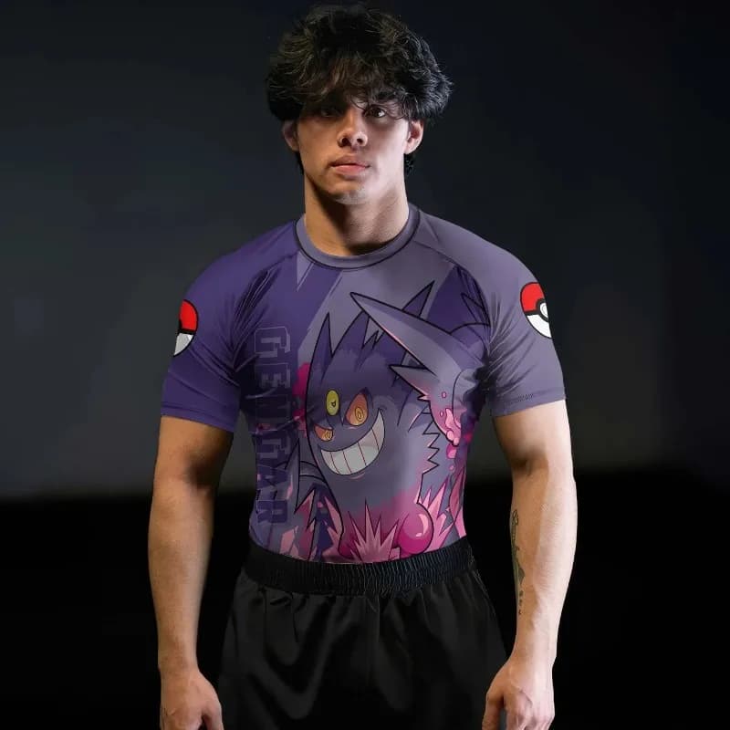 Maglietta a Compressione Pokemon Gengar 2026 Nuova, Stampa Fantasma Viola Rosa, Rashguard a Maniche Corte ad Asciugatura Rapida per Allenamento in Palestra e MMA