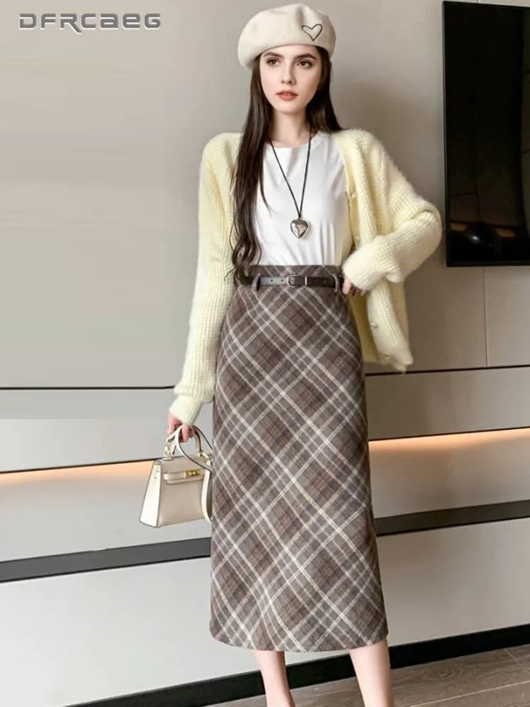Straight skirt in high waist vintage Scottish wool for woman Autumn Winter Casual Split Slim Midi Saias with belt