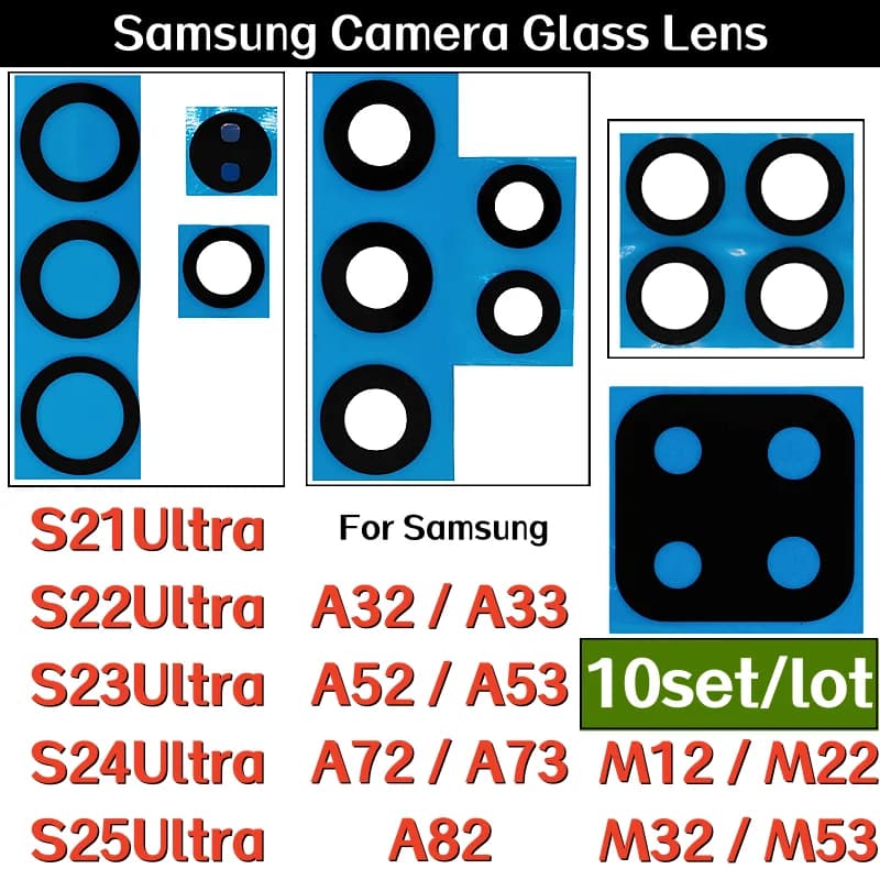 Lente in Vetro per Fotocamera Posteriore con Adesivo per Samsung Galaxy S21U S22U S23U S24U S25Ultra A32 A33 A52 A53 A72 A73 A82 M12 M22 M32 M53