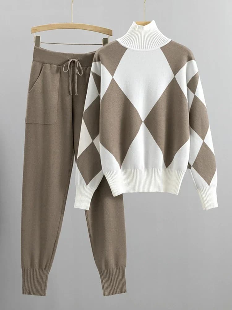 Casual Knitted Plaid Sweater Two-piece Set Autumn Winter Two Piece Set Women Outfit 2026 Fashion Khaki Luxury Elegant Women Set