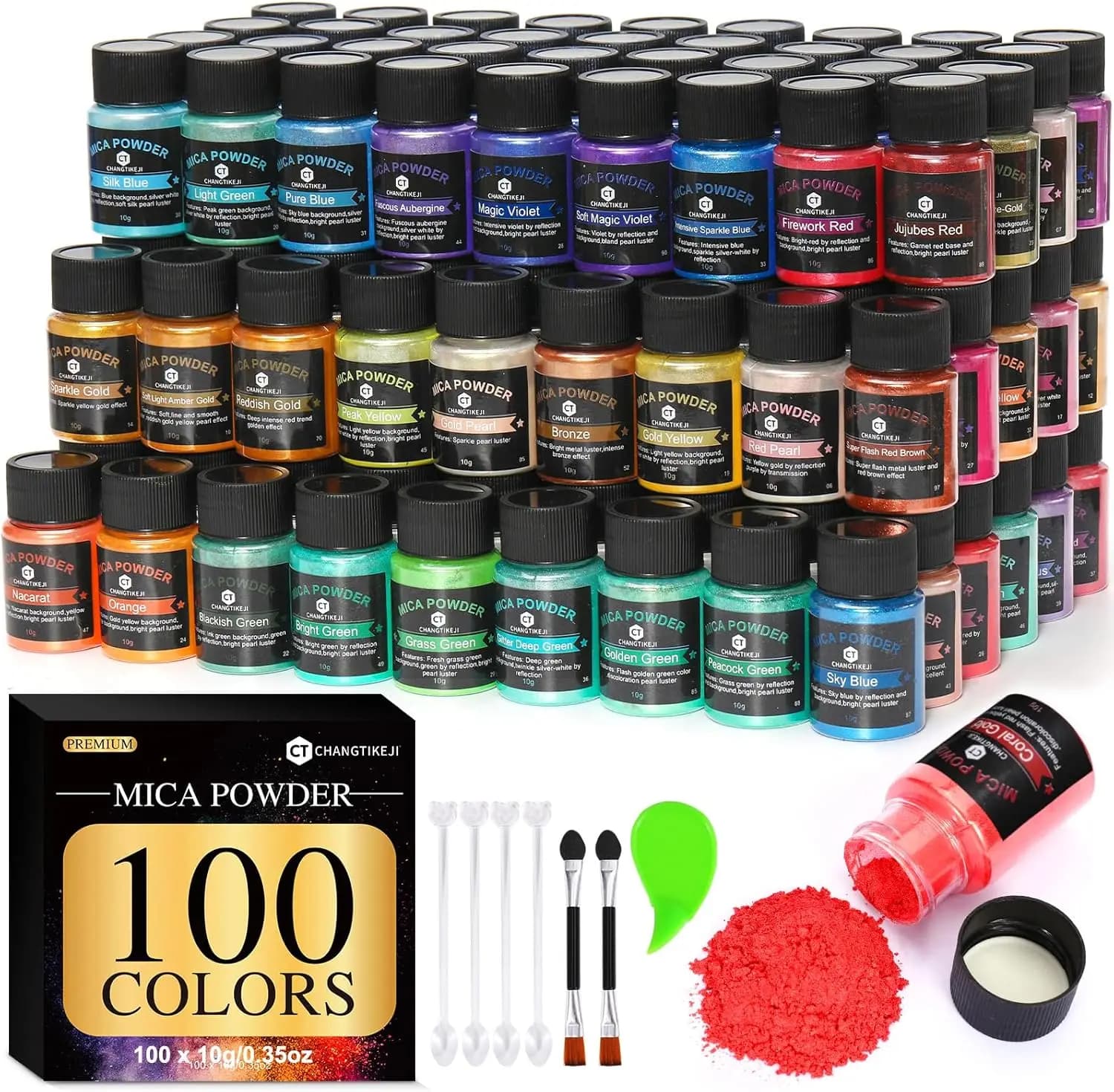 Polvere di Mica Naturale, 100 Colori - 10g/Flacone per Resina Epossidica, Lucidalabbra, Ombretto, Produzione di Sapone, Creazione di Candele