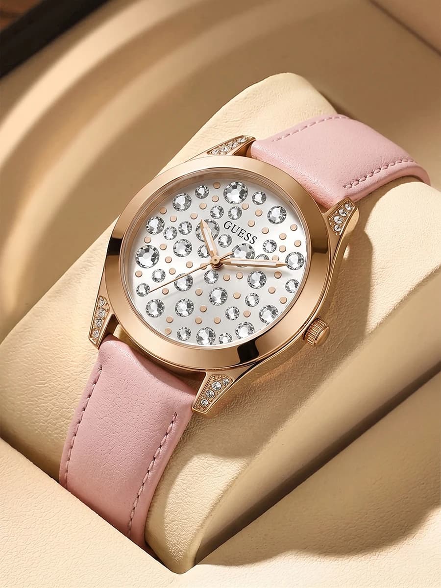 Guess W1065L1 Women Watches Rose Gold Stainless Steel Case Pink Band Quartz Crystal Casual Ladies Wristwatch Fashion Timepiece
