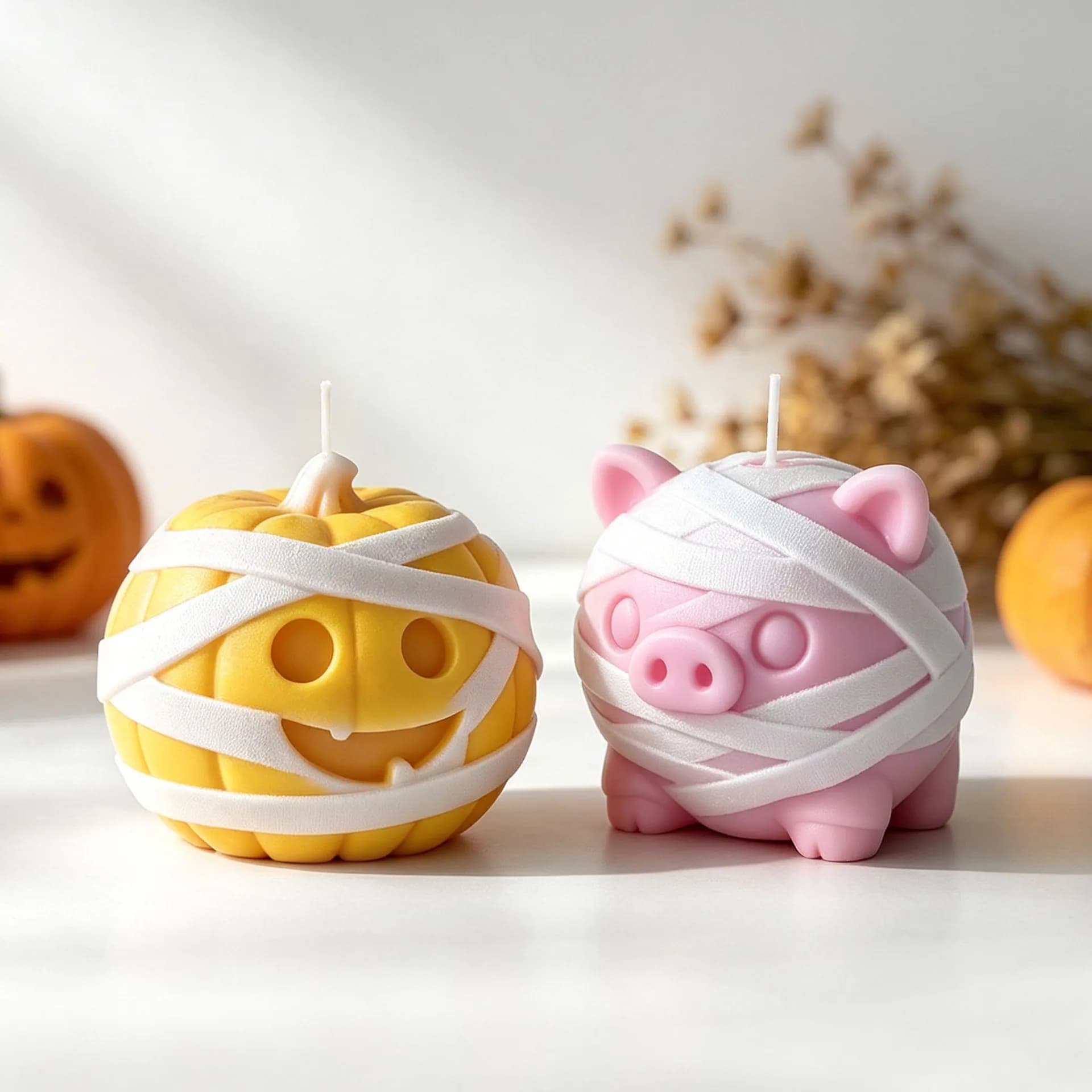 Stampo in Silicone Creativo a Forma di Maialino, Zucca, Mummia, Fantasma con Benda - Serie Halloween - per Candele Aromatiche e Decorazioni Artigianali per la Casa