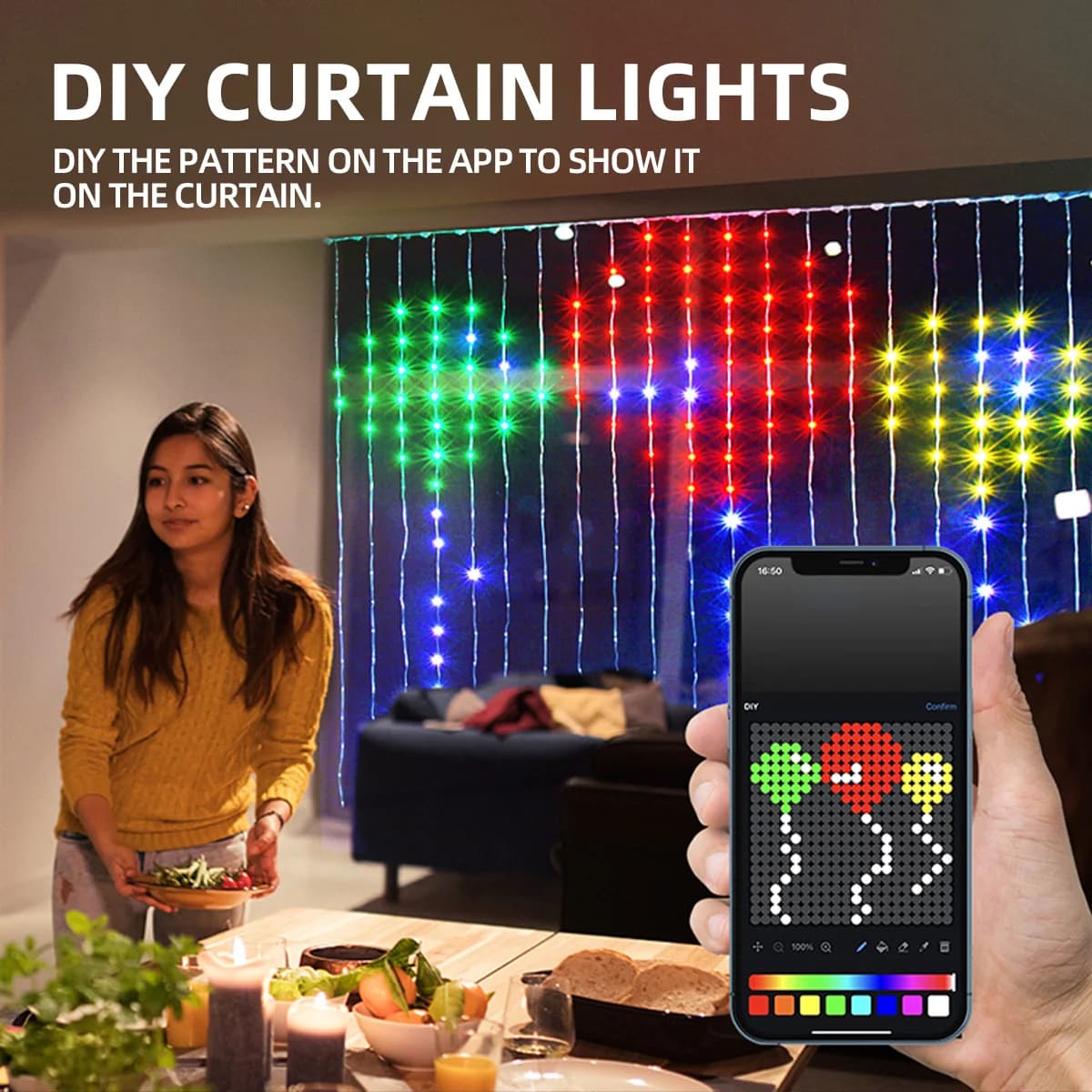 Luci a tenda intelligenti 2x2m con controllo tramite app, luci fatate a LED RGB, personalizzabili per decorazioni di stanze, finestre e giardini