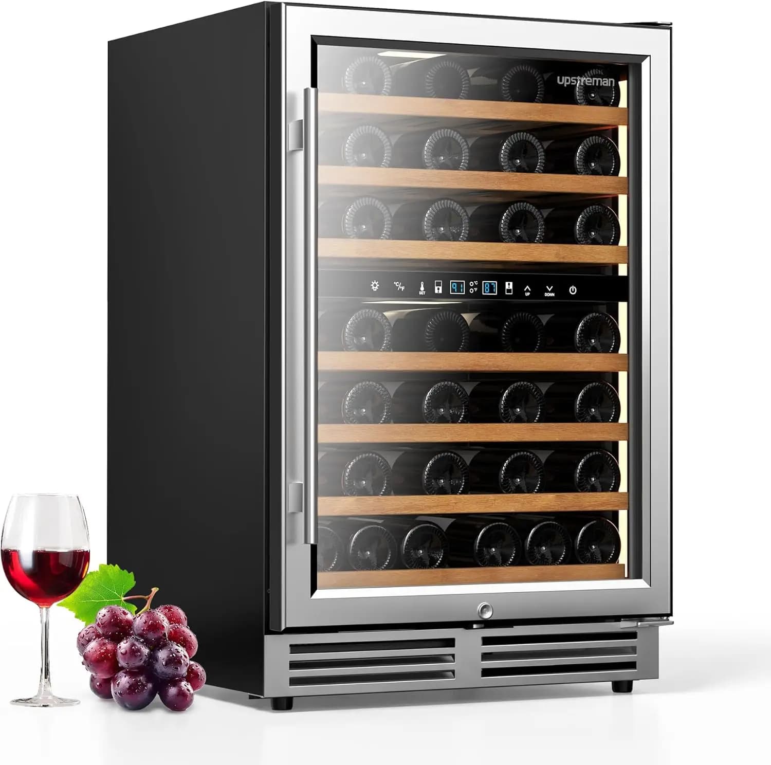 Frigorifero per Vini da 24 Pollici a Doppia Zona, Cantinetta Sottobanco per 54 Bottiglie, Frigo Vini da Incasso o Libera Installazione con Porta in Vetro e Acciaio Inossidabile