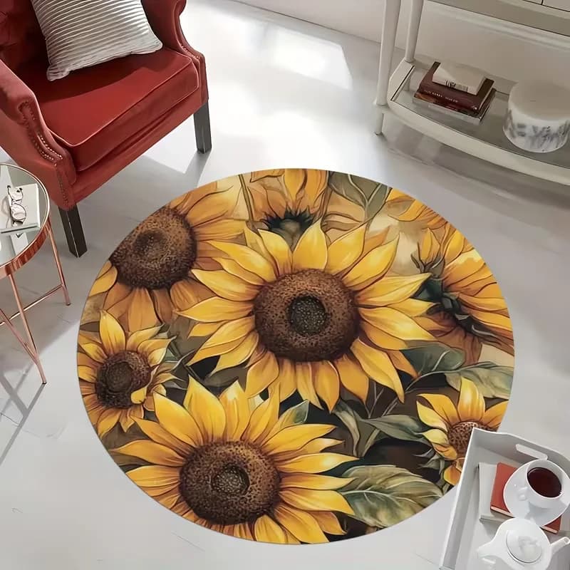 Vintage Oil Painting Sunflower Round Rug Floral Print Soft Non Slip Circle Carpet Farmhouse Botanical Home Round Rug For Bedroom