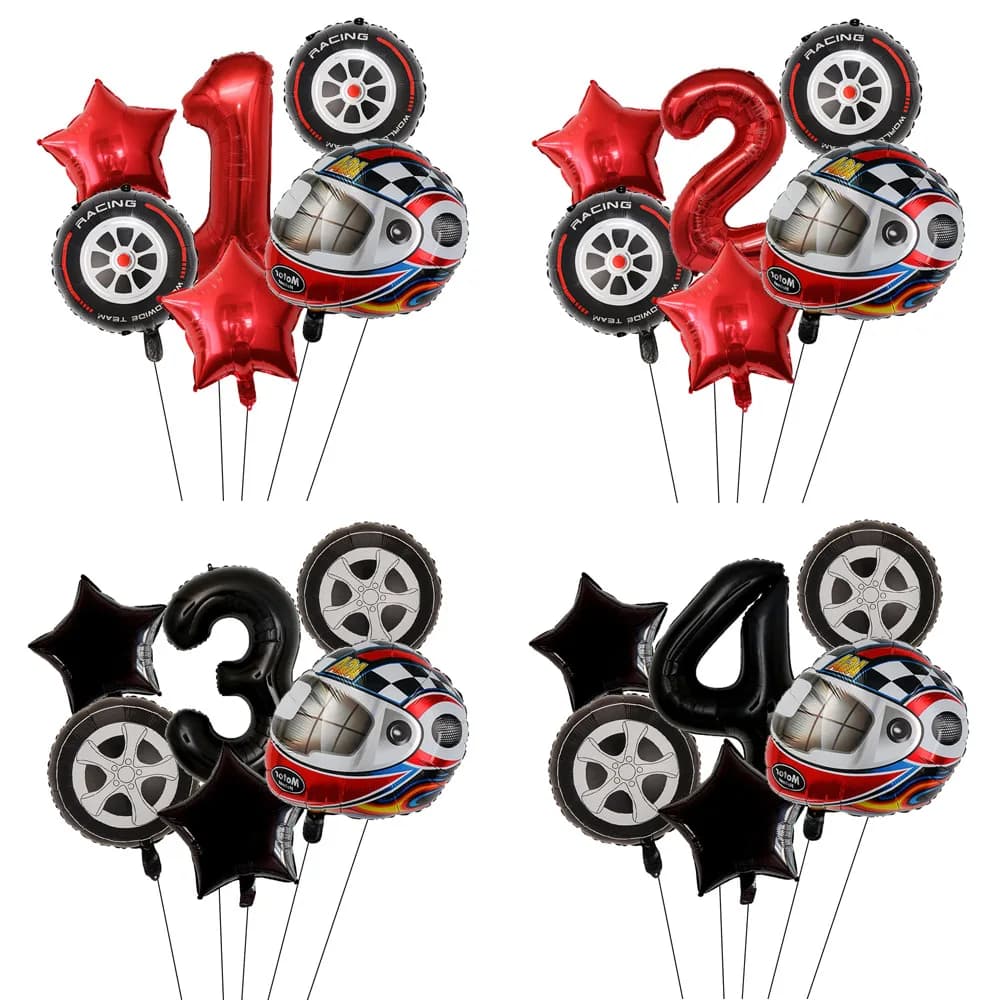 Set di decorazioni per feste a tema auto da corsa, palloncini in foil a forma di casco da moto, pneumatici e ruote, forniture per compleanno per ragazzi, due palloncini a forma di ruota per compleanno