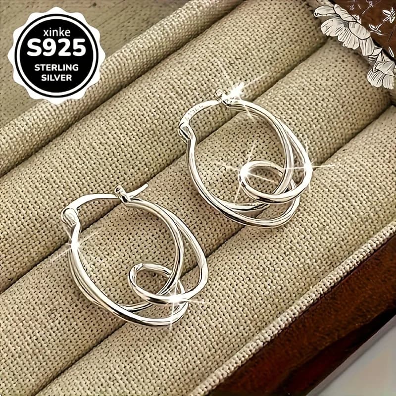 Orecchini a Cerchio in Argento Puro, Design Intrecciato Unico, Gioielli Perfetti per l'Uso Quotidiano, Regalo Ideale per Lei