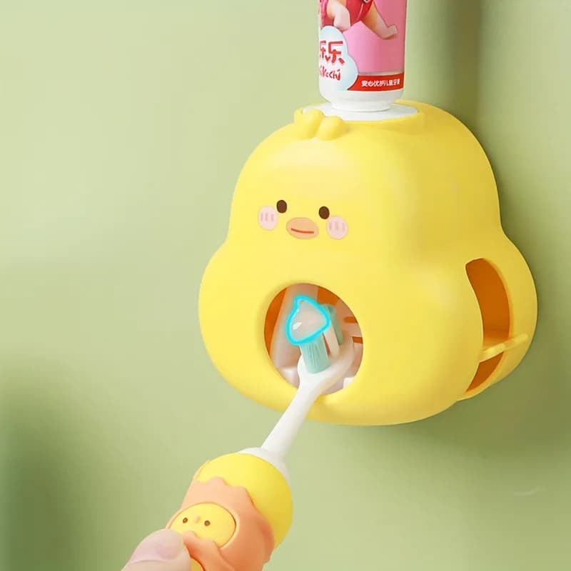 Simpatico dispenser automatico di dentifricio a forma di anatra gialla con portaspazzolino incorporato - Accessorio da bagno da parete e facile da spremere